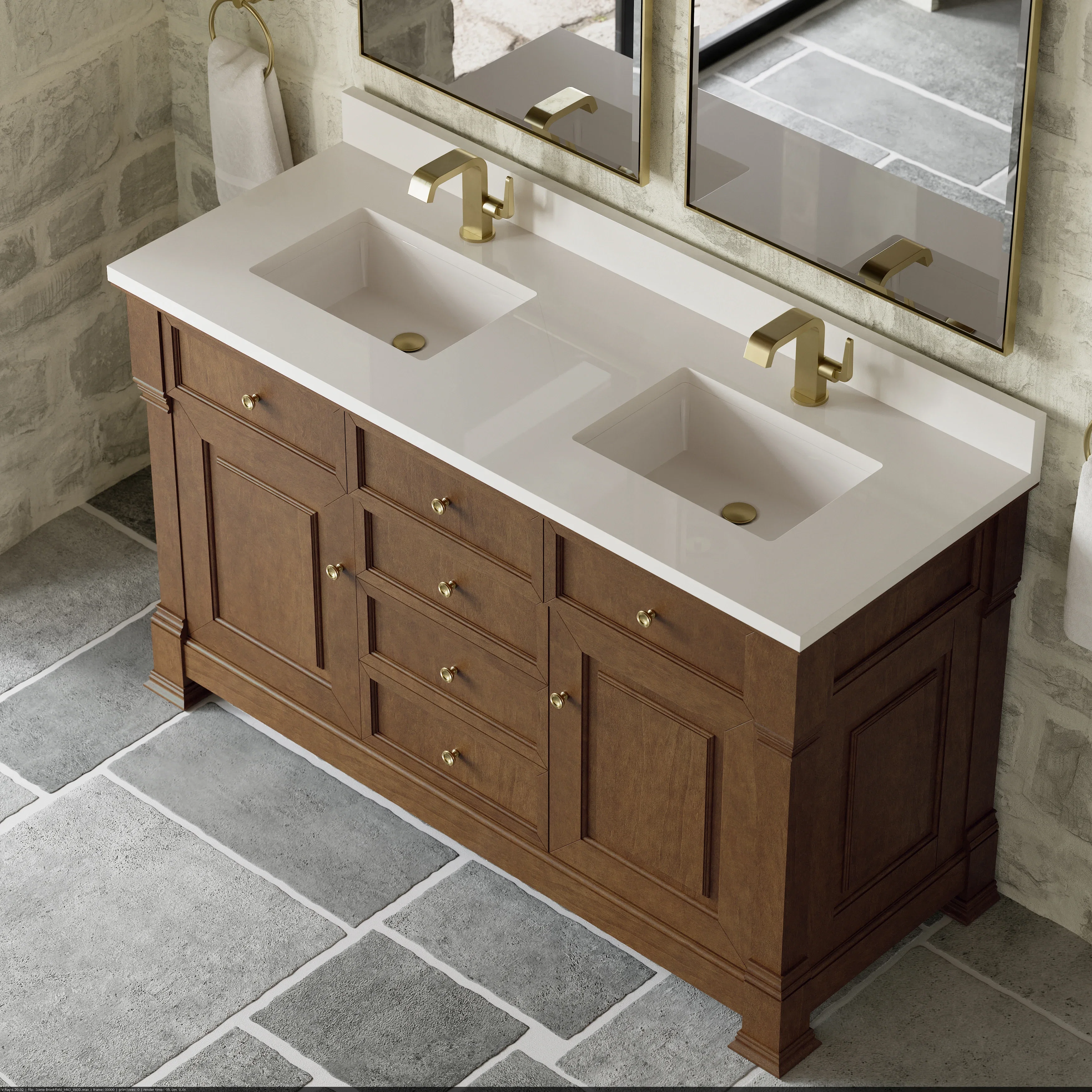 Brookfield 60" Double Vanity, Honey Oak w/ Single Hole 3 CM White Zeus Silestone Top & Backsplash