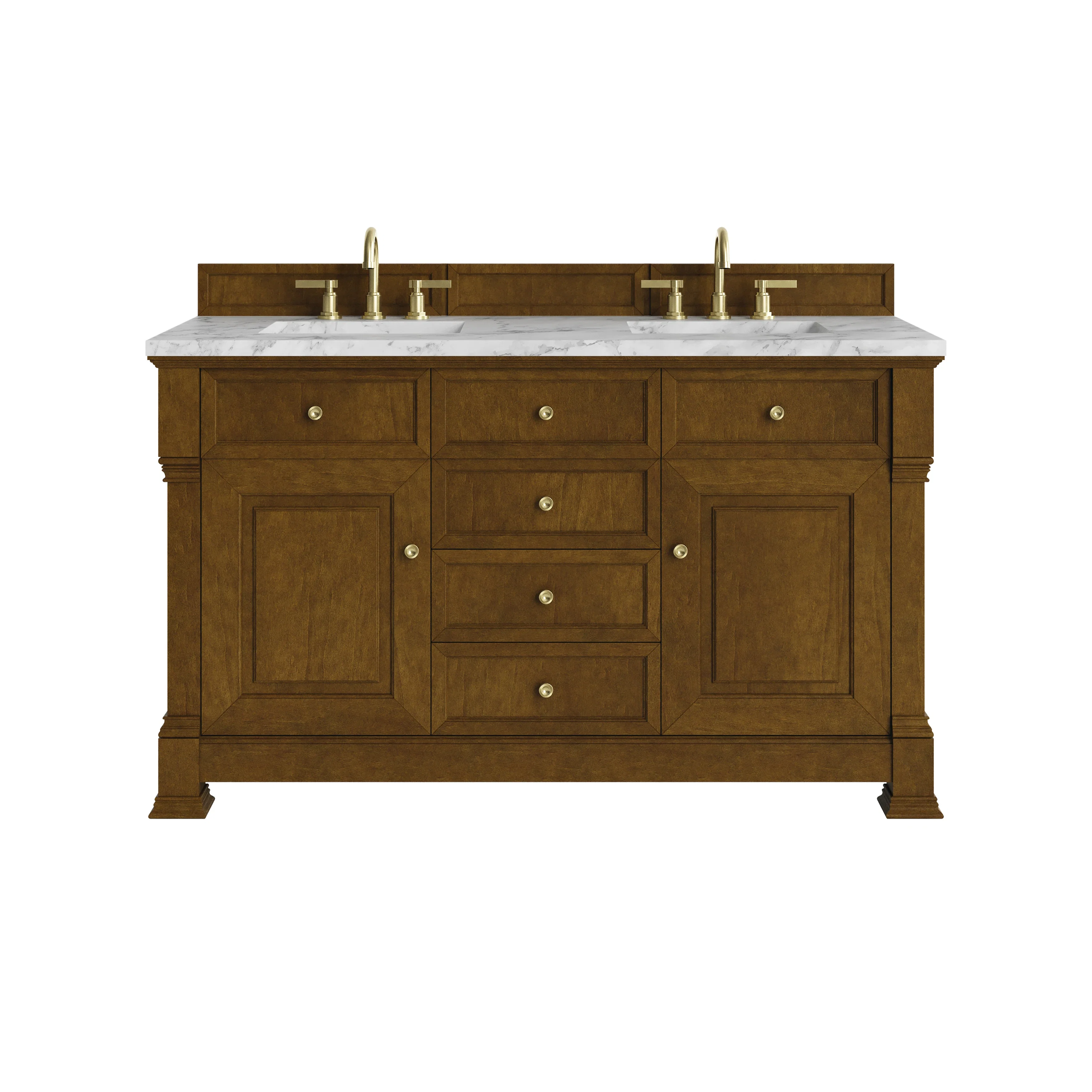 Brookfield 60" Double Vanity, Honey Oak w/3 CM Carrara White Marble Top