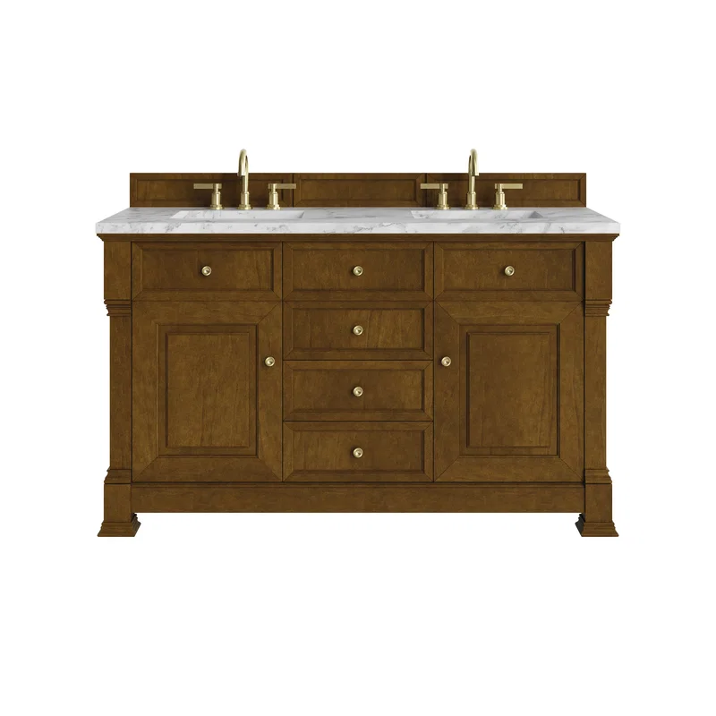 Brookfield 60" Double Vanity, Honey Oak w/3 CM Carrara White Marble Top