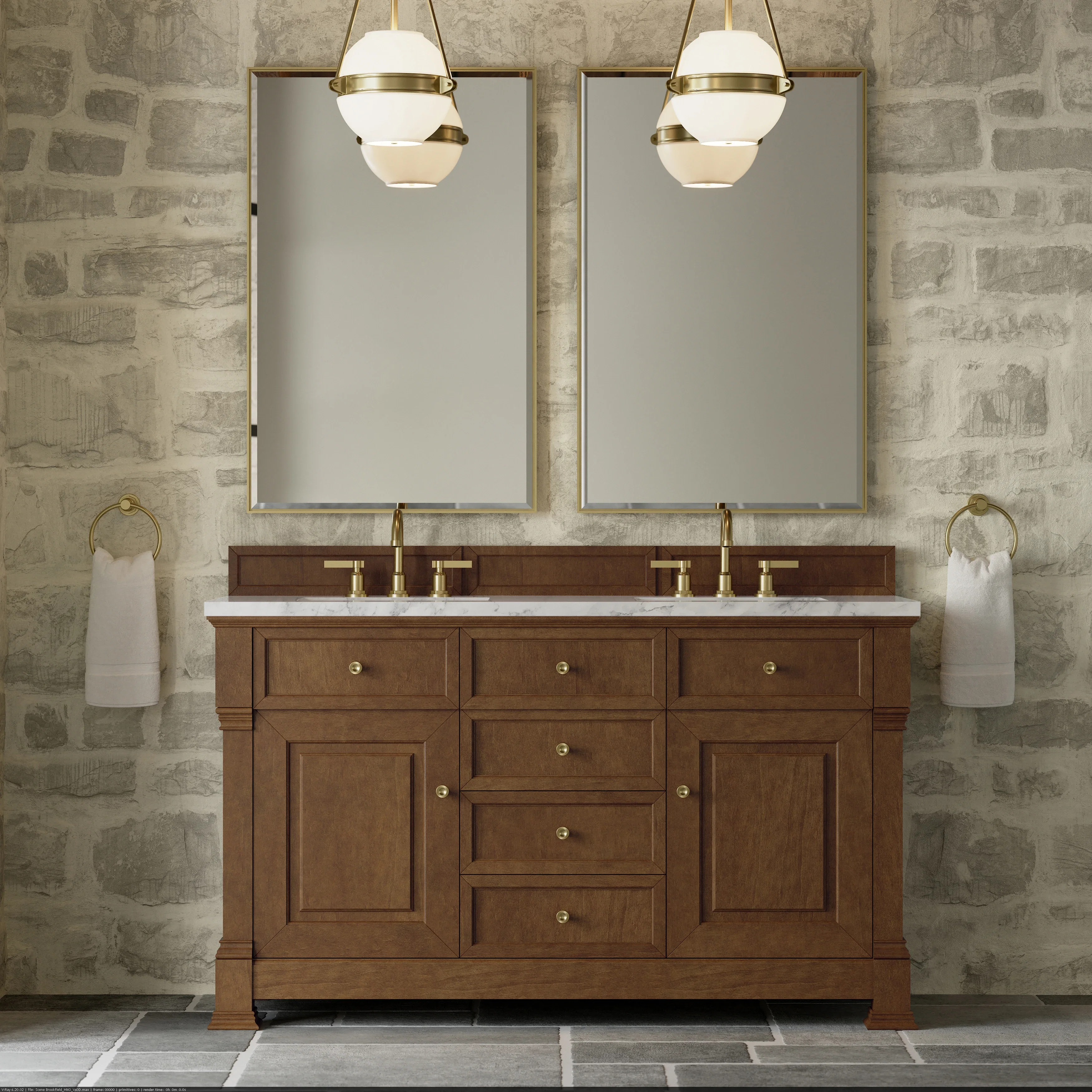 Brookfield 60" Double Vanity, Honey Oak w/3 CM Carrara White Marble Top
