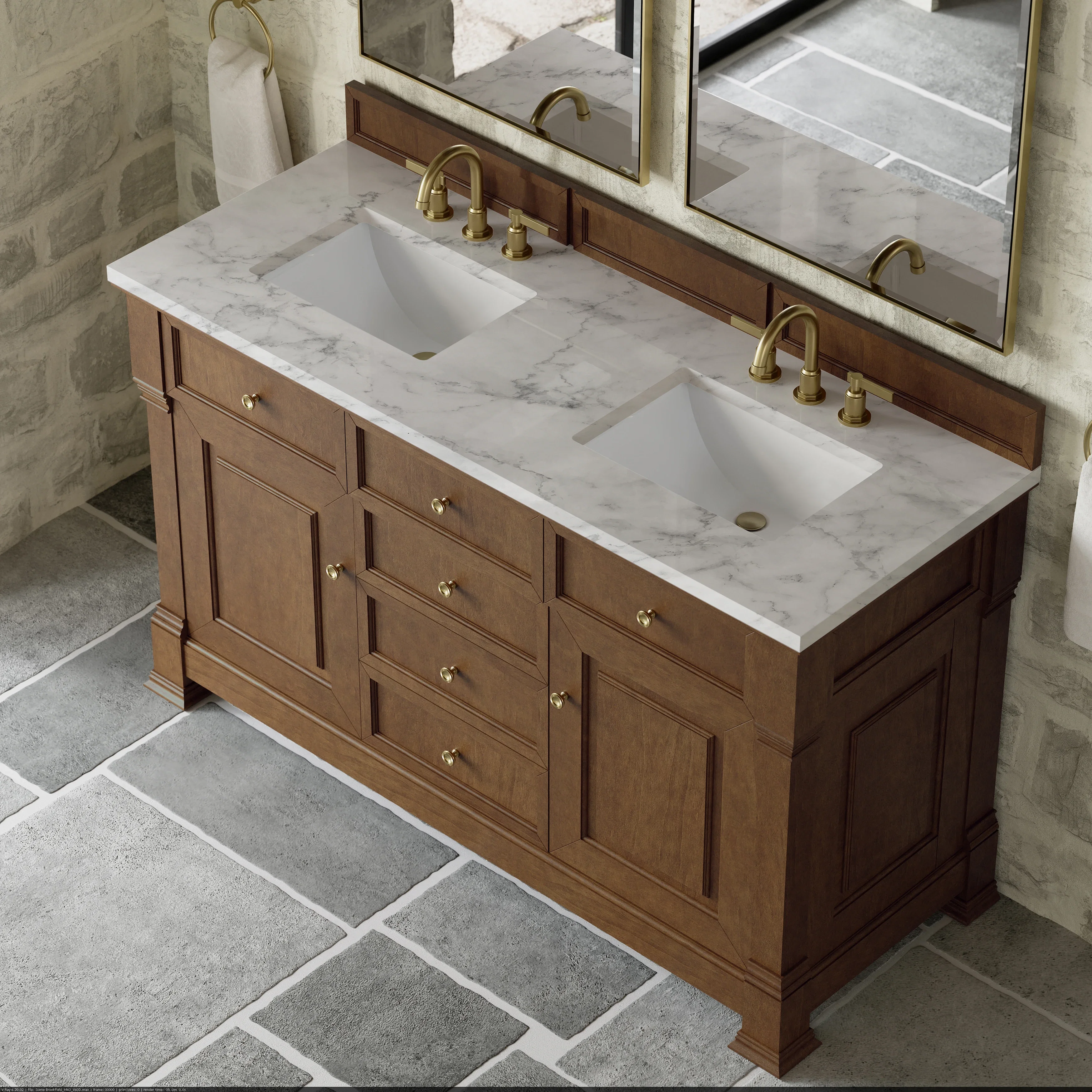 Brookfield 60" Double Vanity, Honey Oak w/3 CM Carrara White Marble Top