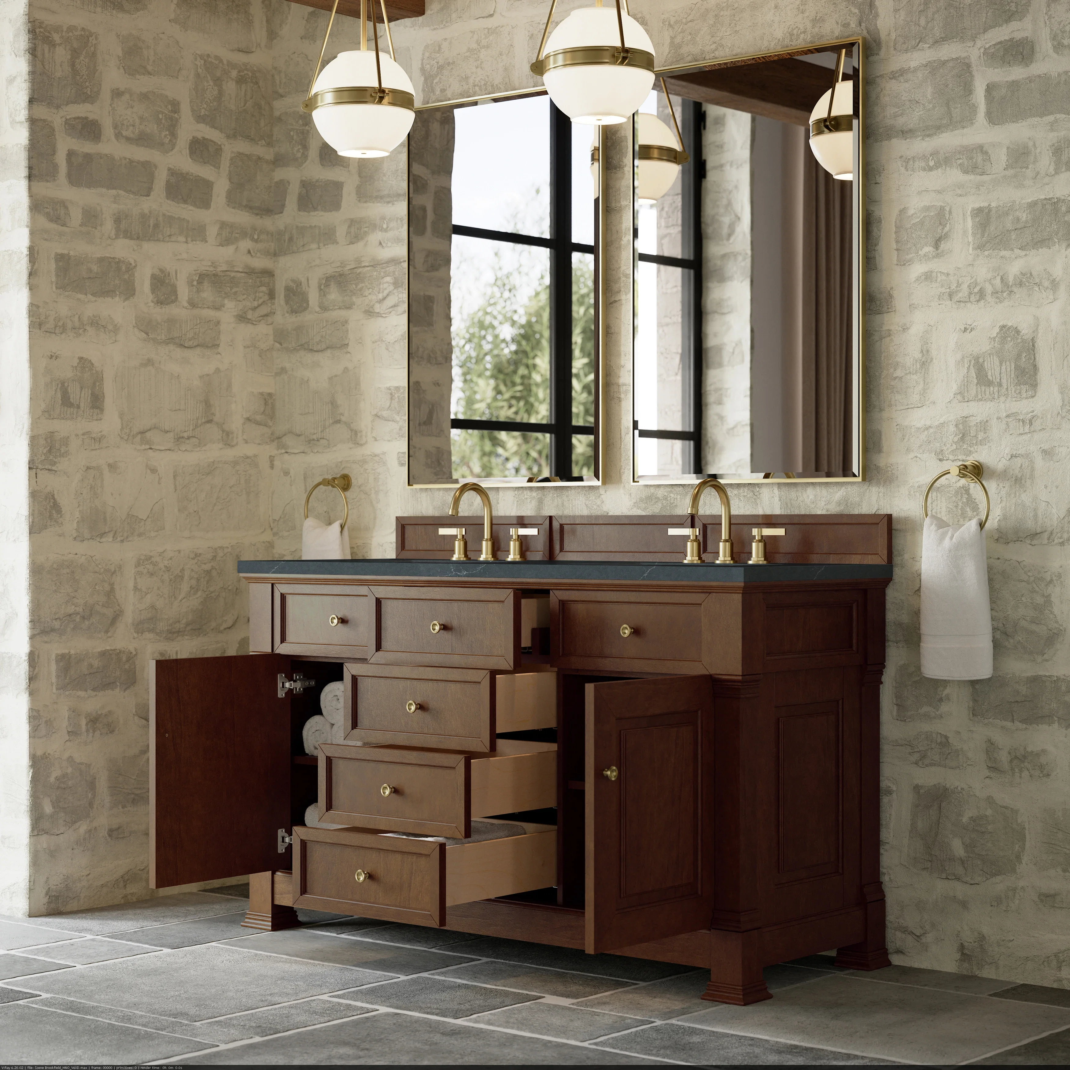Brookfield 60" Double Vanity, Honey Oak w/3 CM Charcoal Soapstone Silestone Top