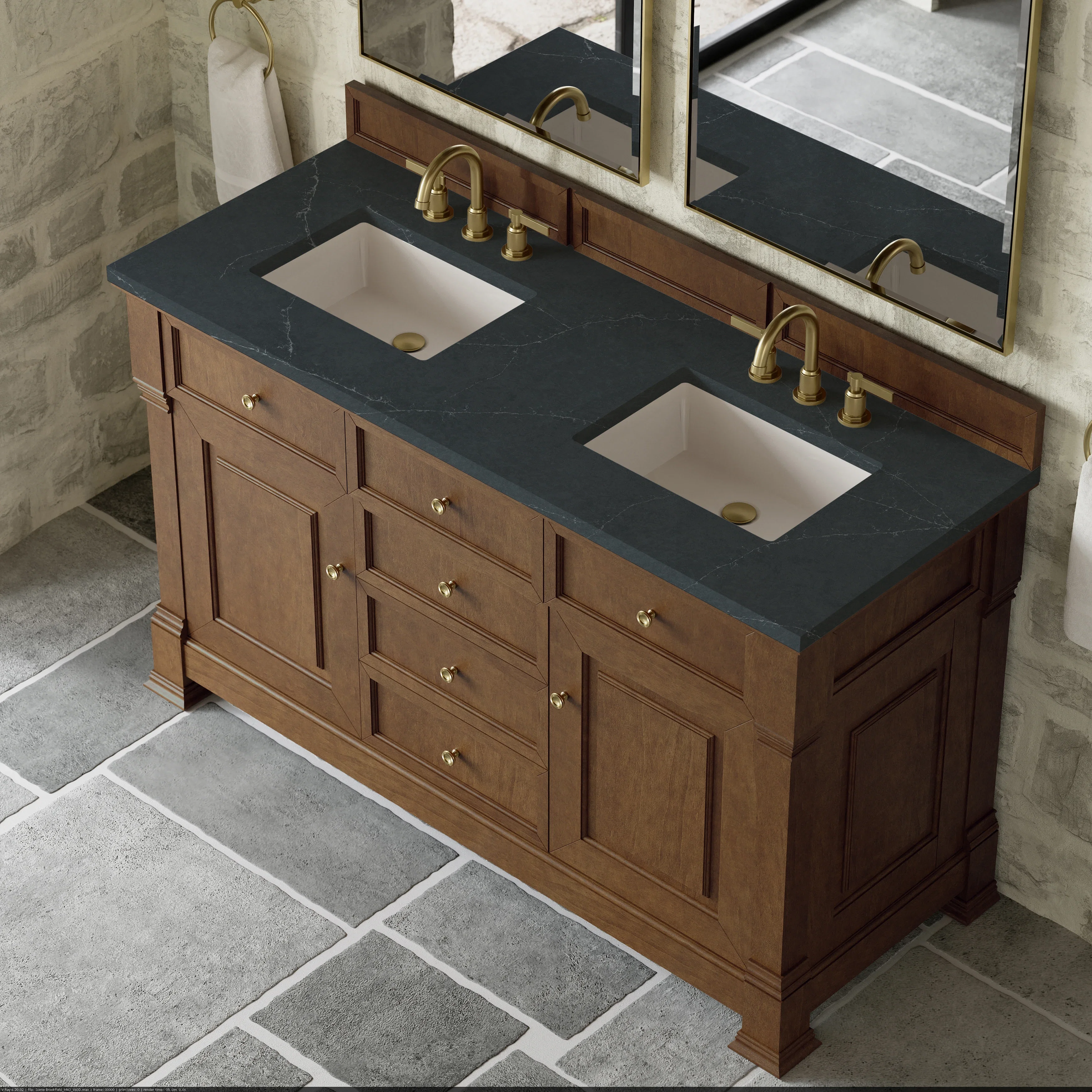Brookfield 60" Double Vanity, Honey Oak w/3 CM Charcoal Soapstone Silestone Top