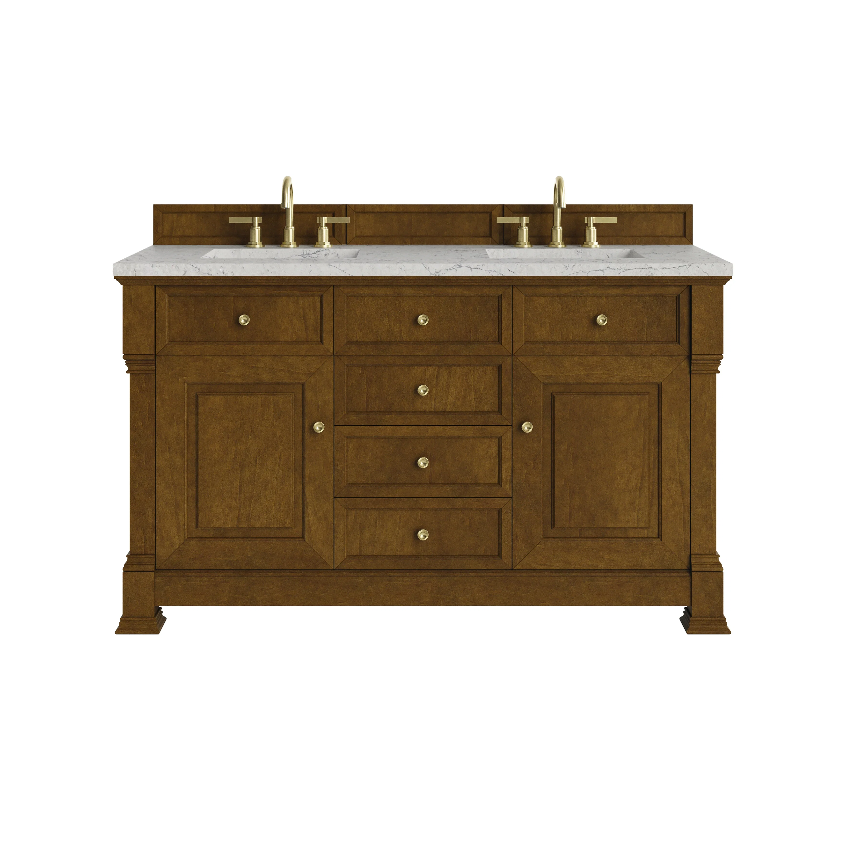 Brookfield 60" Double Vanity, Honey Oak w/ 3 CM Eternal Jasmine Pearl Silestone Top
