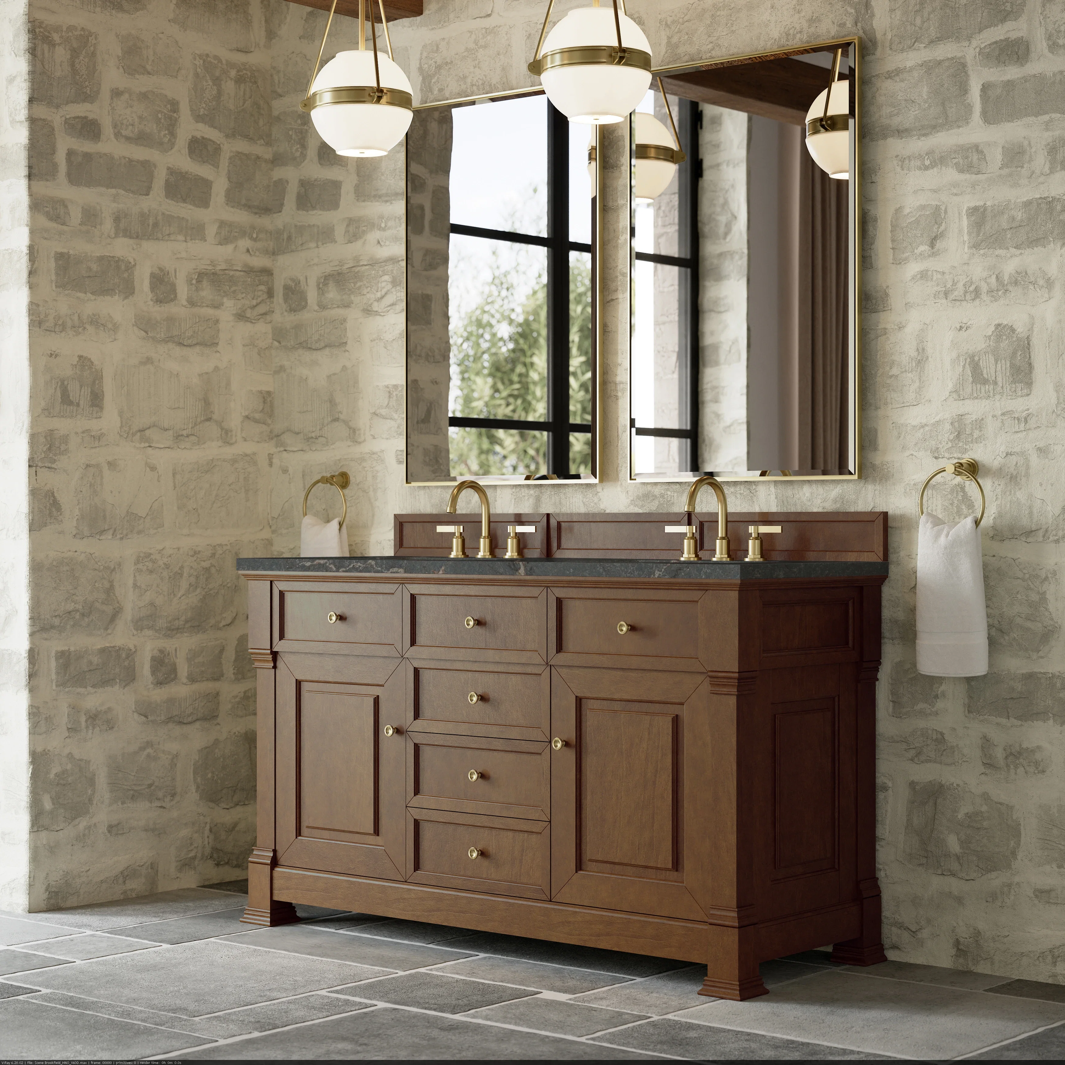 Brookfield 60" Double Vanity, Honey Oak w/ 3 CM Parisien Bleu Silestone Top