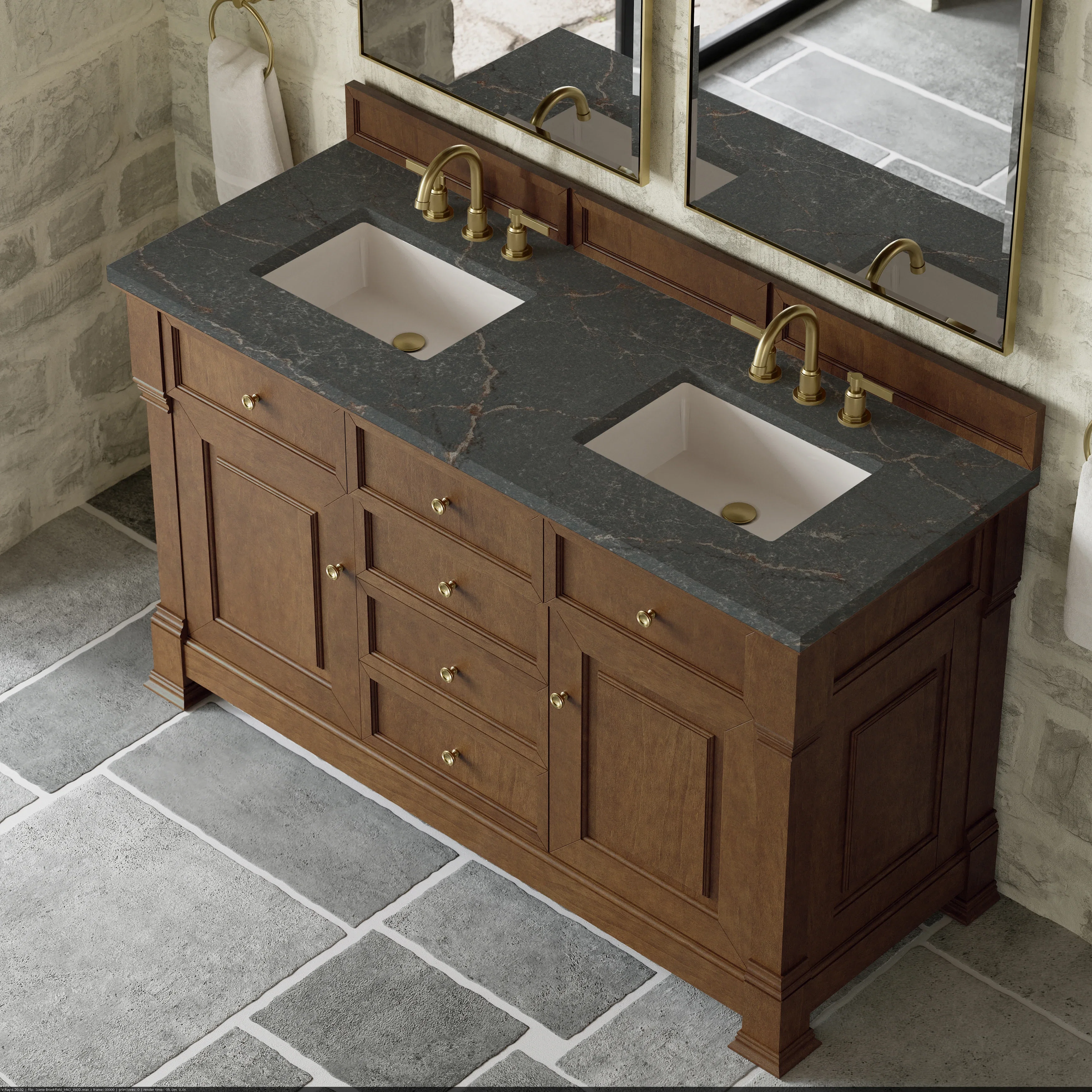 Brookfield 60" Double Vanity, Honey Oak w/ 3 CM Parisien Bleu Silestone Top