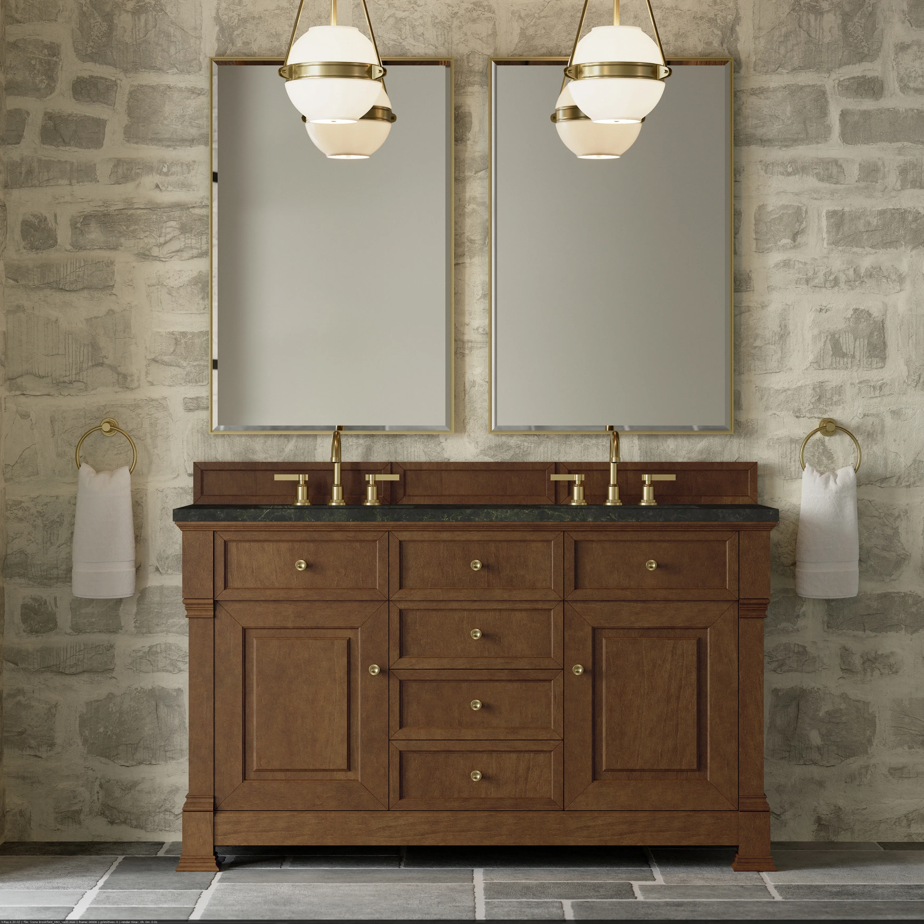 Brookfield 60" Double Vanity, Honey Oak, w/ 3 CM Phantome Eclos Top