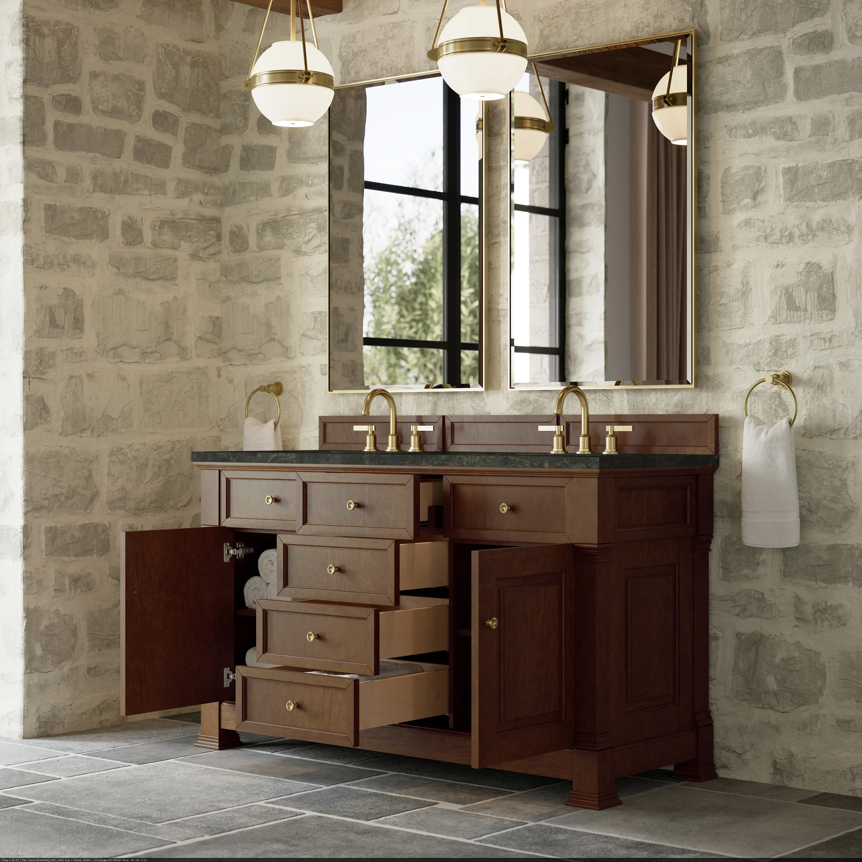 Brookfield 60" Double Vanity, Honey Oak, w/ 3 CM Phantome Eclos Top