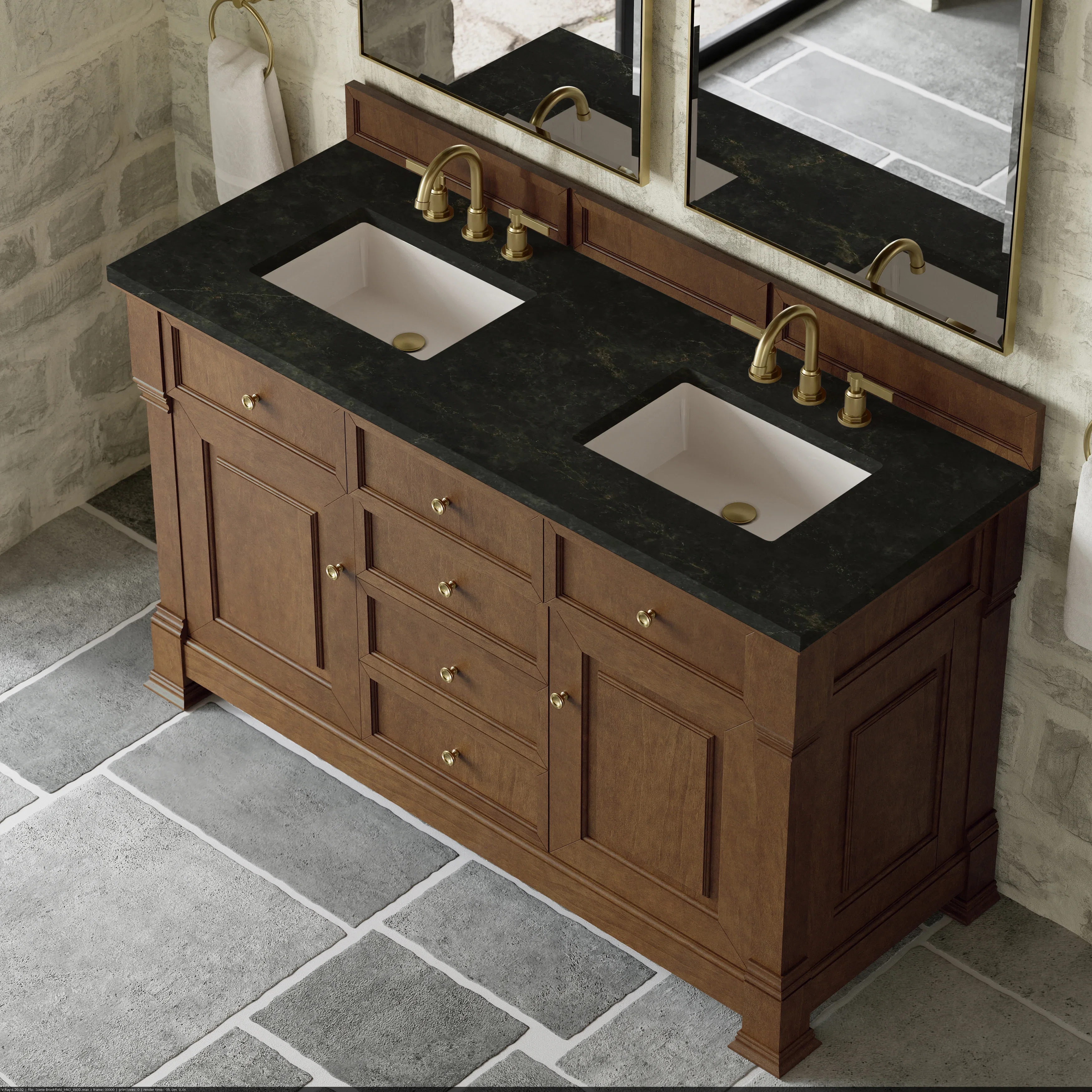 Brookfield 60" Double Vanity, Honey Oak, w/ 3 CM Phantome Eclos Top