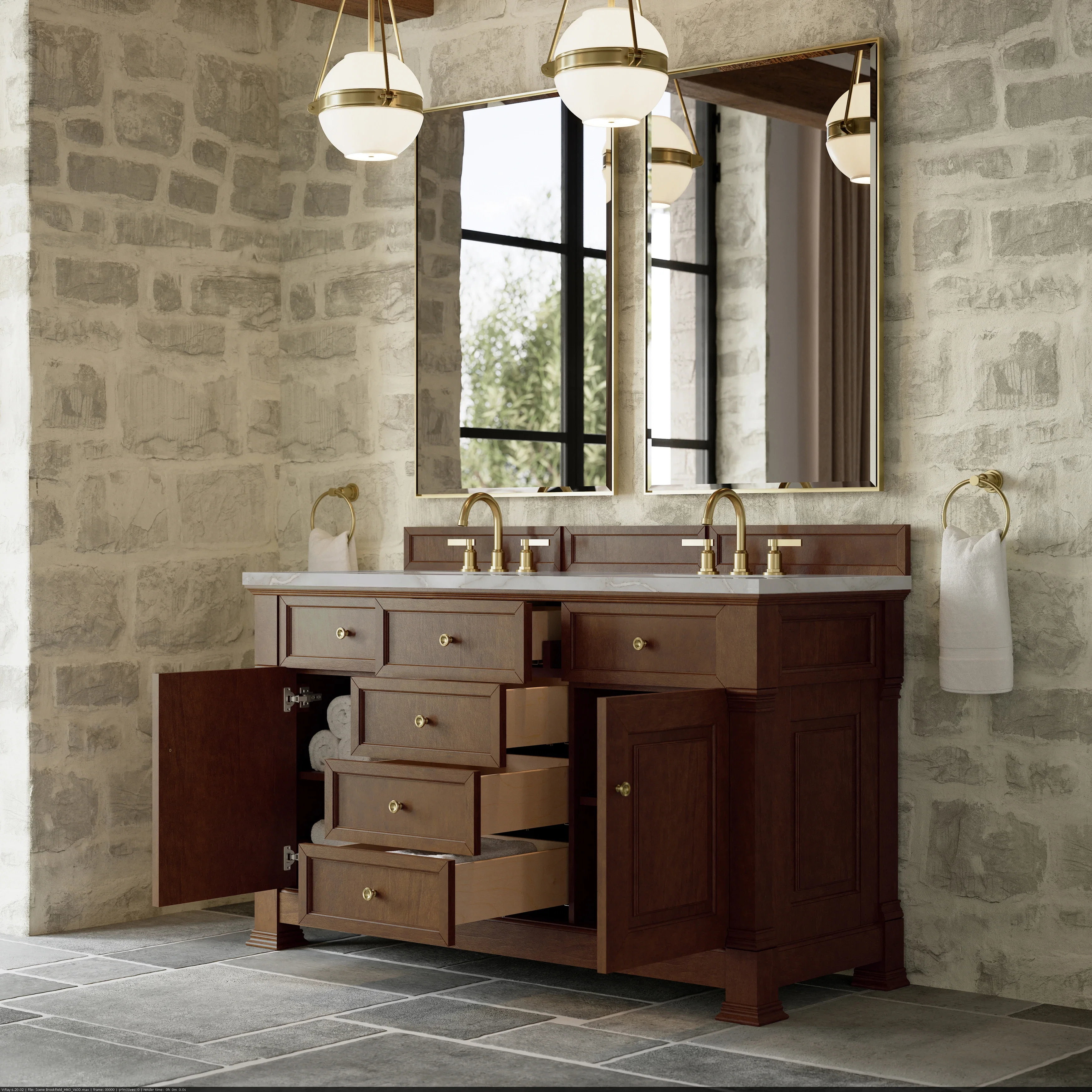 Brookfield 60" Double Vanity, Honey Oak w/ 3 CM Victorian Silver Silestone Top