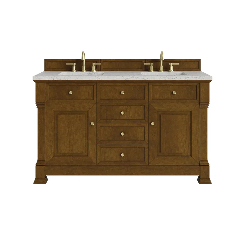 Brookfield 60" Double Vanity, Honey Oak w/ 3 CM Eternal Jasmine Pearl Silestone Top w/FreePower Wireless Charger