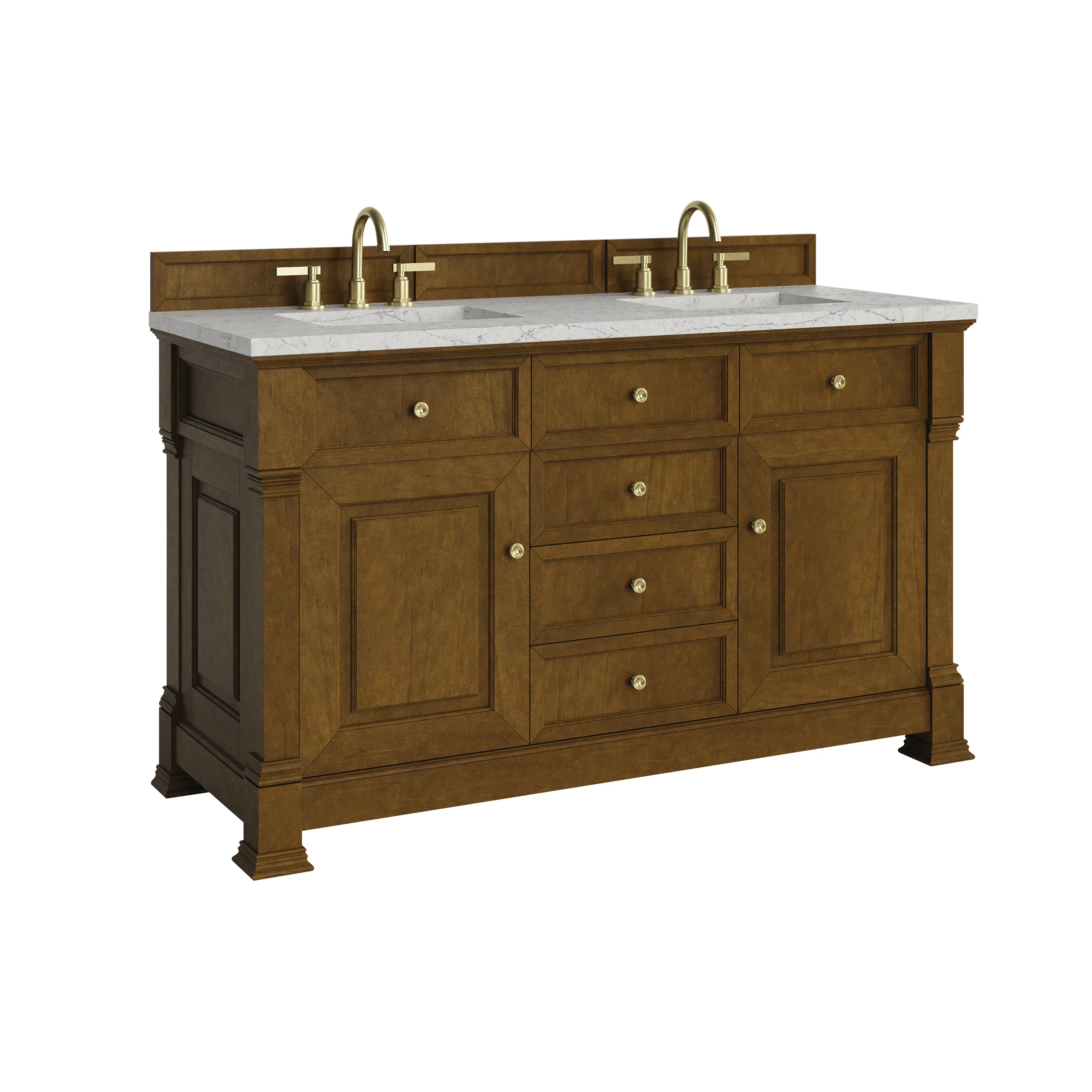 Brookfield 60" Double Vanity, Honey Oak w/ 3 CM Eternal Jasmine Pearl Silestone Top w/FreePower Wireless Charger
