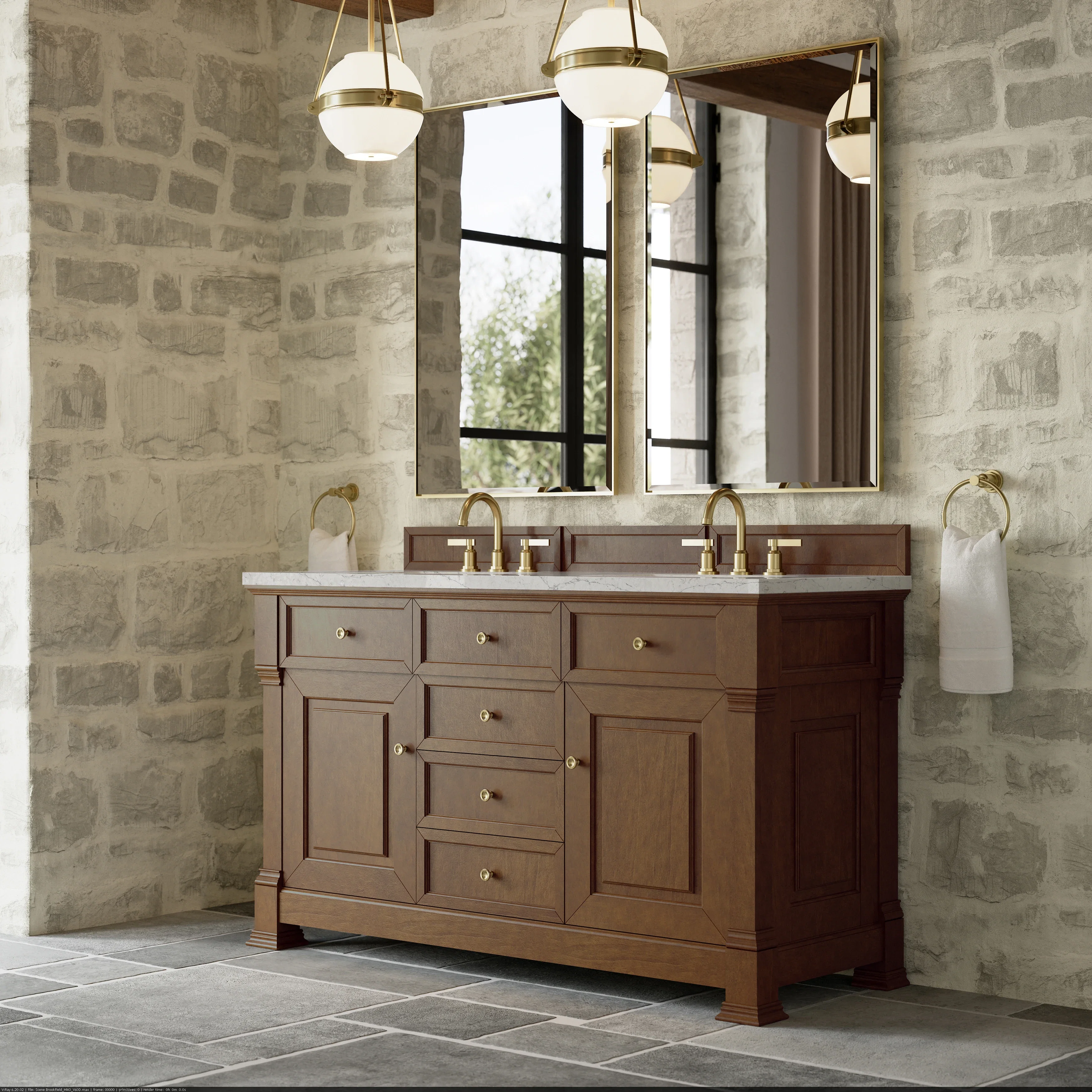 Brookfield 60" Double Vanity, Honey Oak w/ 3 CM Eternal Jasmine Pearl Silestone Top w/FreePower Wireless Charger