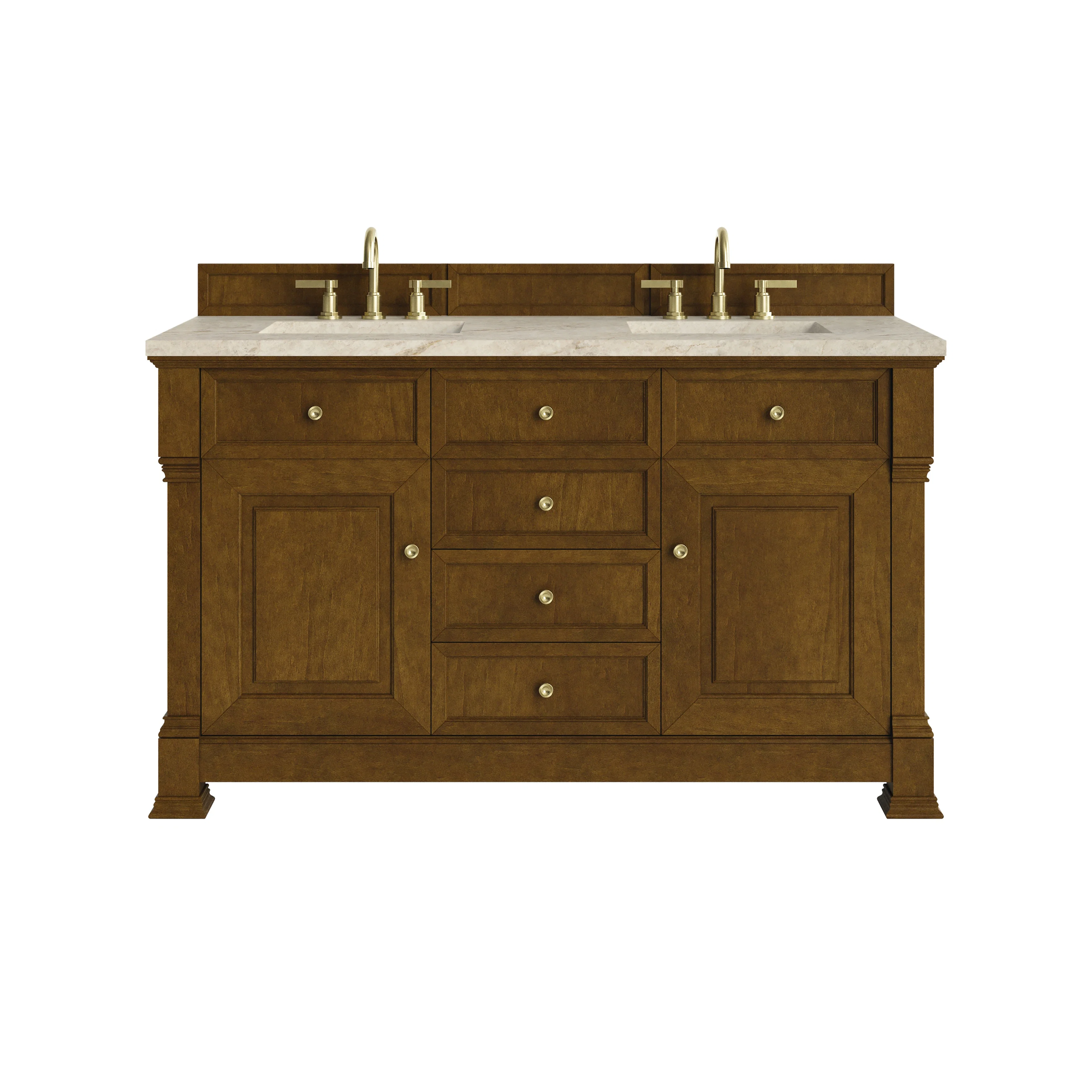 Brookfield 60" Double Vanity, Honey Oak, w/ 3 CM Tajnar Eclos Top w/FreePower Wireless Charger