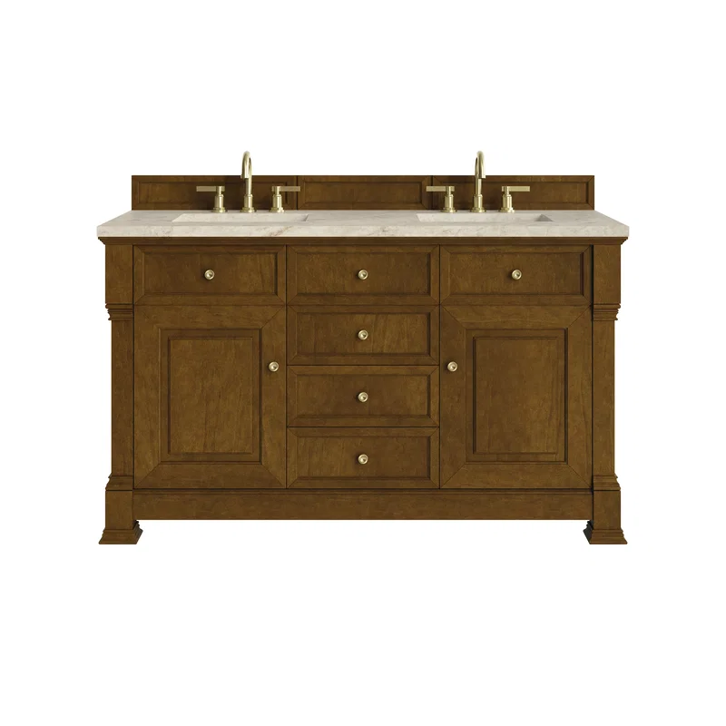 Brookfield 60" Double Vanity, Honey Oak, w/ 3 CM Tajnar Eclos Top w/FreePower Wireless Charger