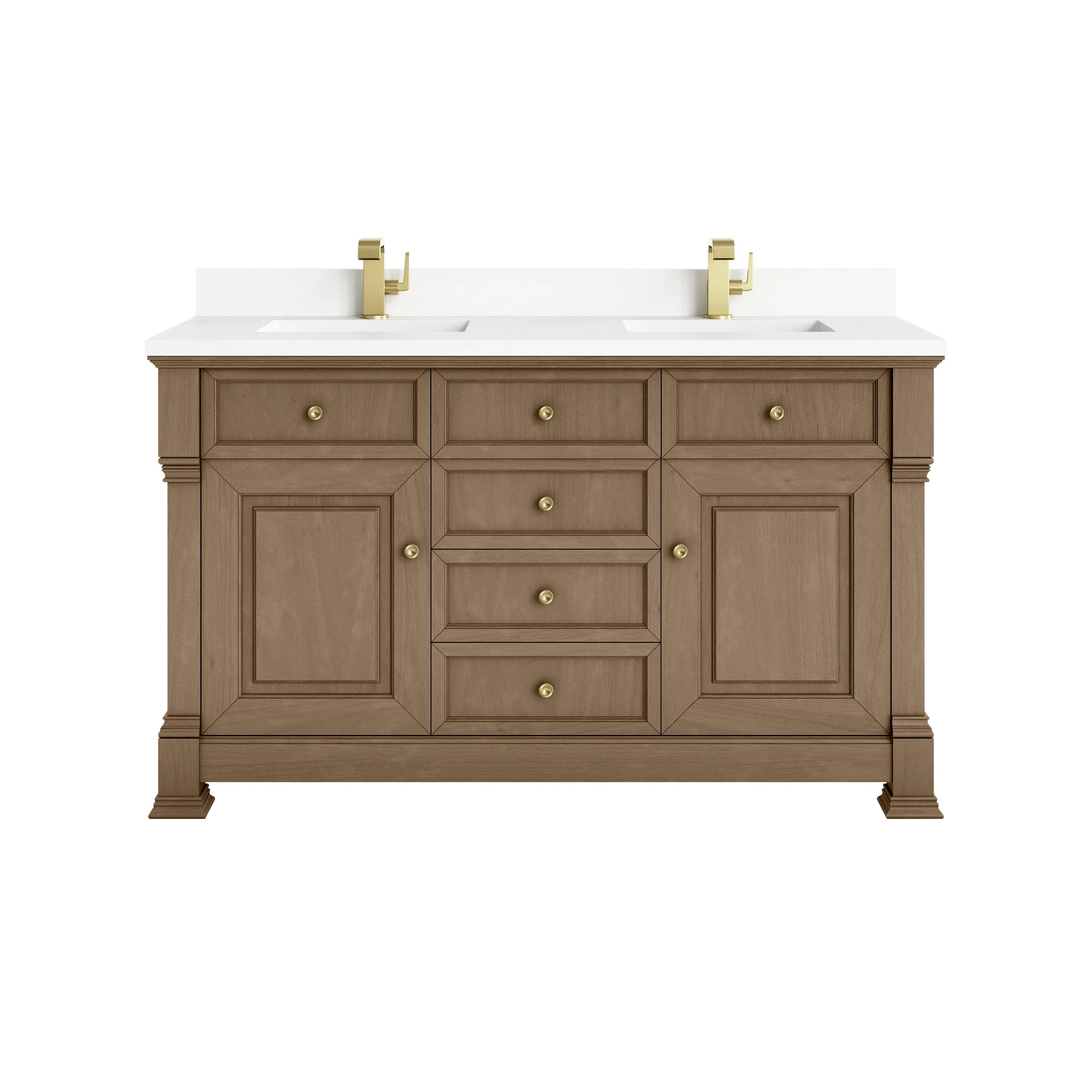 Brookfield 60" Double Vanity, Pecan w/ Single Hole 3CM White Zeus Silestone Top & Backsplash