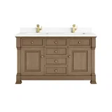 Brookfield 60" Double Vanity, Pecan w/ Single Hole 3CM White Zeus Silestone Top & Backsplash