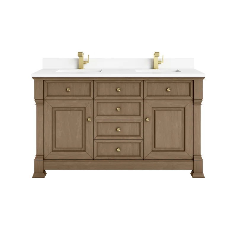 Brookfield 60" Double Vanity, Pecan w/ Single Hole 3CM White Zeus Silestone Top & Backsplash