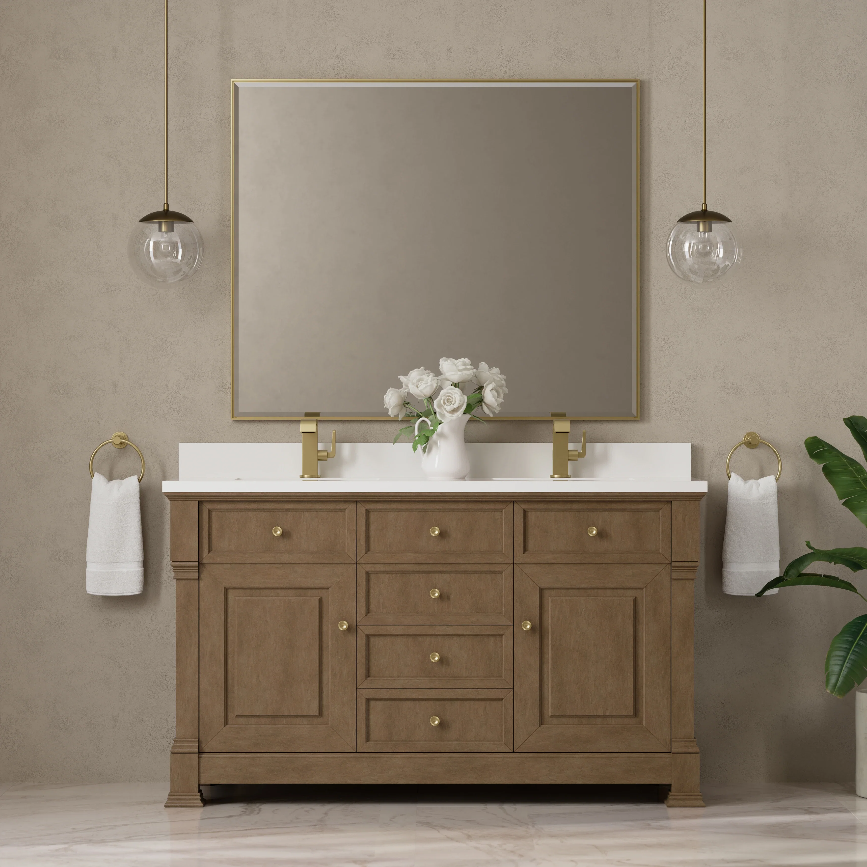 Brookfield 60" Double Vanity, Pecan w/ Single Hole 3CM White Zeus Silestone Top & Backsplash