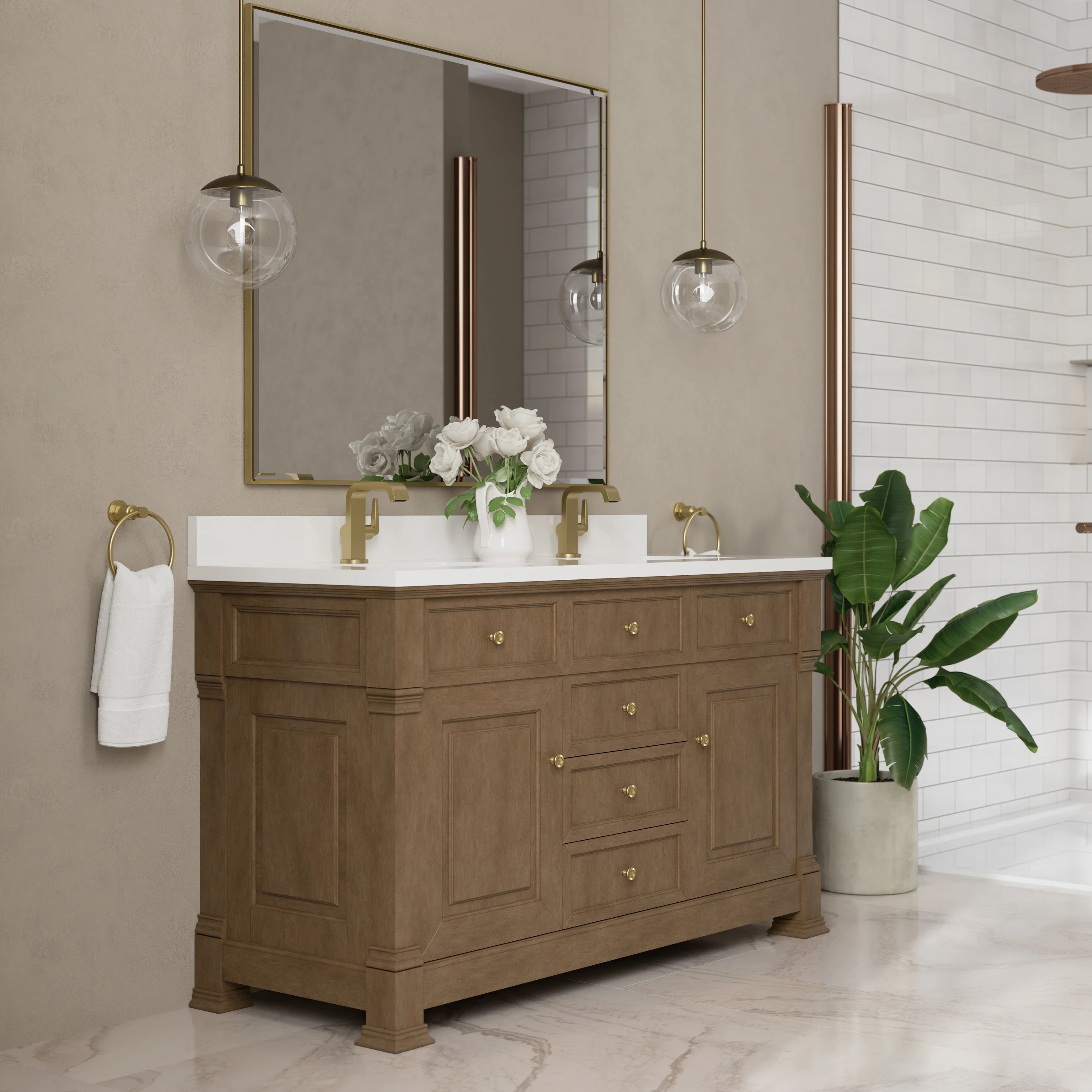 Brookfield 60" Double Vanity, Pecan w/ Single Hole 3CM White Zeus Silestone Top & Backsplash