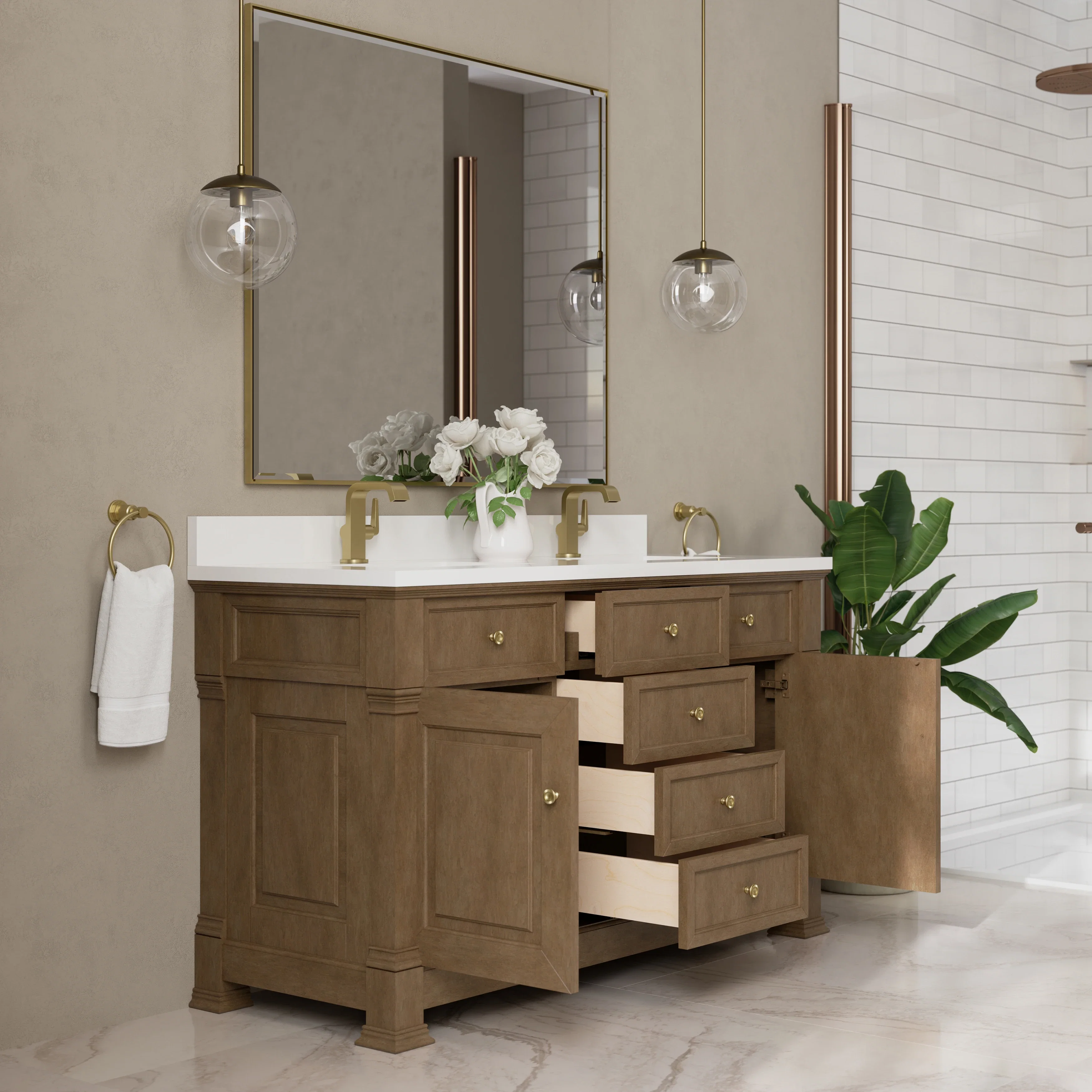 Brookfield 60" Double Vanity, Pecan w/ Single Hole 3CM White Zeus Silestone Top & Backsplash