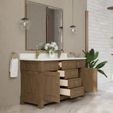 Brookfield 60" Double Vanity, Pecan w/ Single Hole 3CM White Zeus Silestone Top & Backsplash