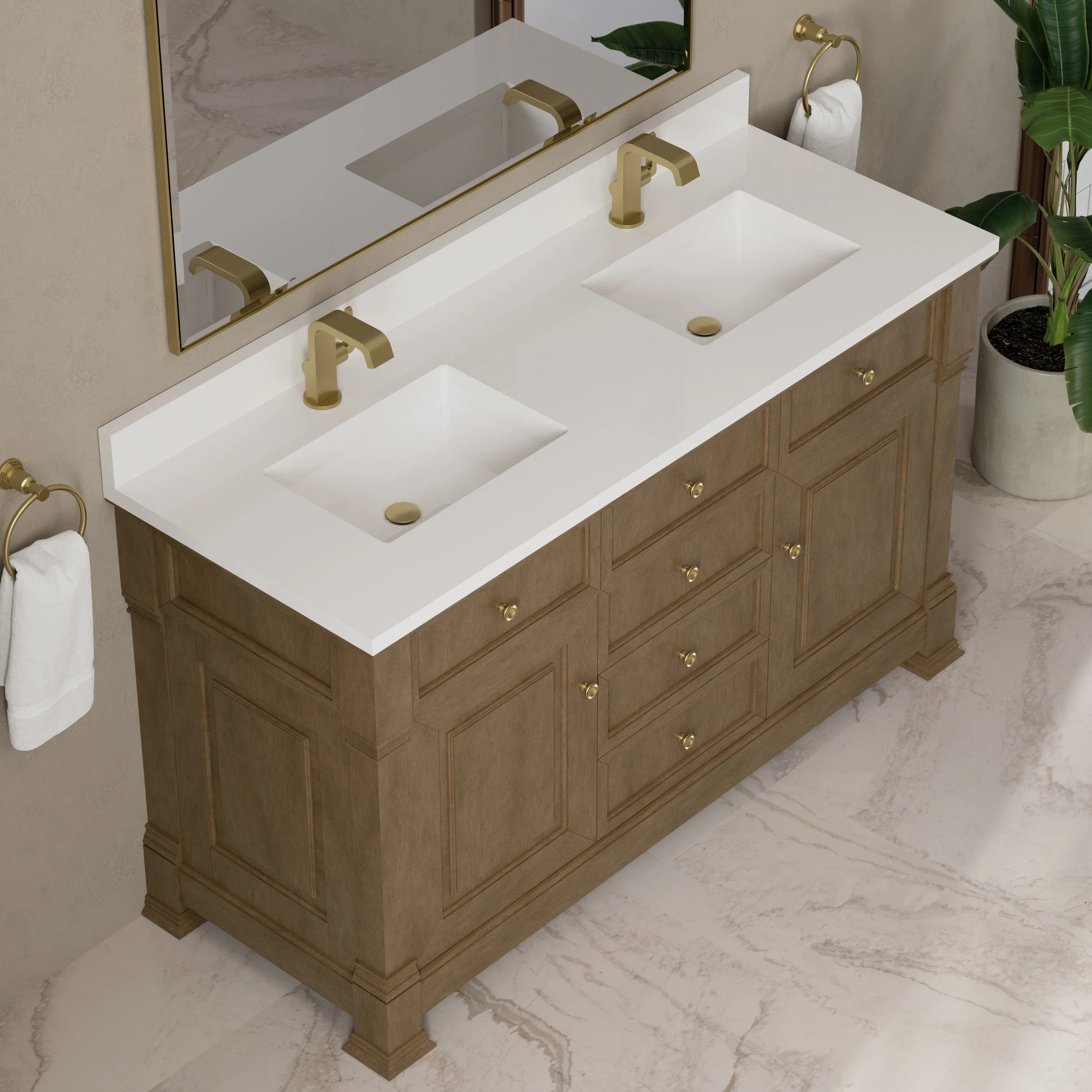 Brookfield 60" Double Vanity, Pecan w/ Single Hole 3CM White Zeus Silestone Top & Backsplash