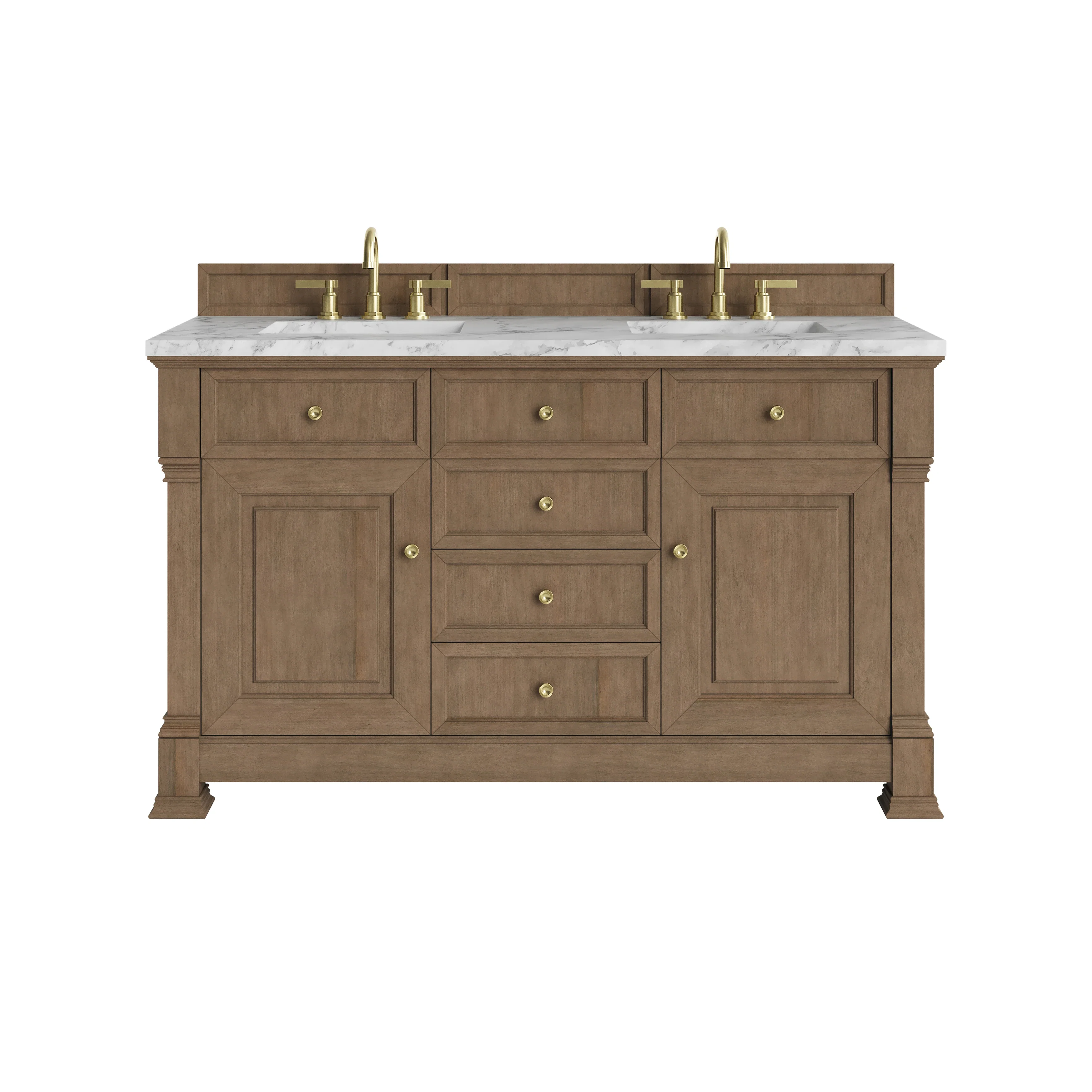 Brookfield 60" Double Vanity, Pecan w/3 CM Carrara White Marble Top