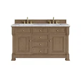 Brookfield 60" Double Vanity, Pecan w/3 CM Carrara White Marble Top