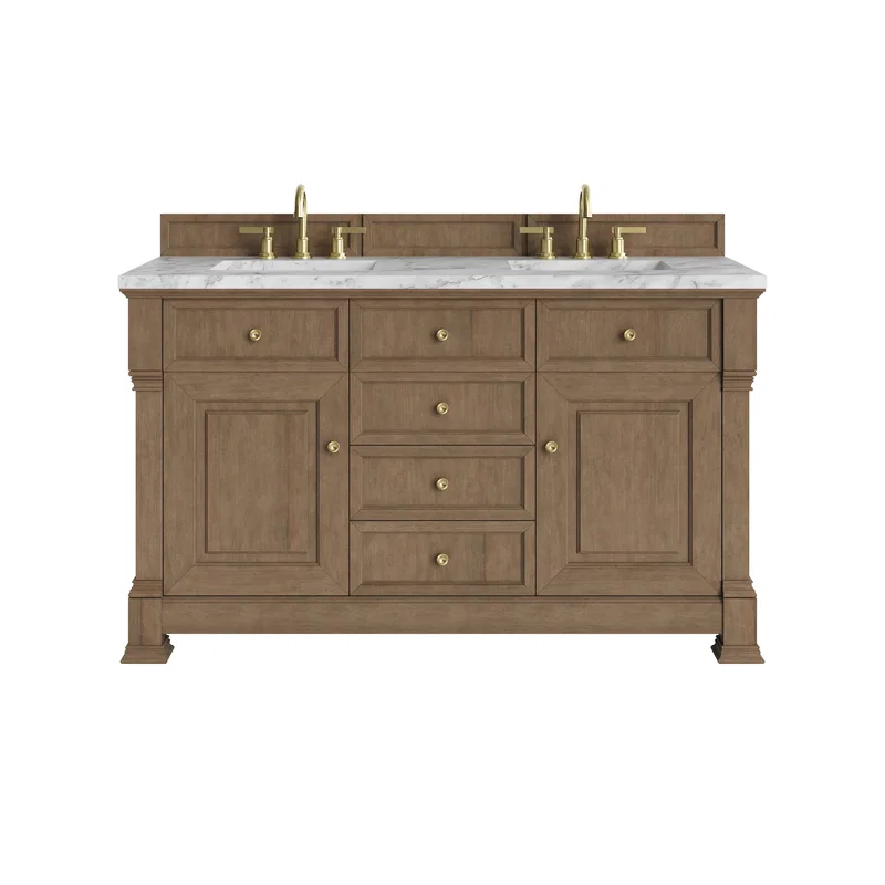 Brookfield 60" Double Vanity, Pecan w/3 CM Carrara White Marble Top