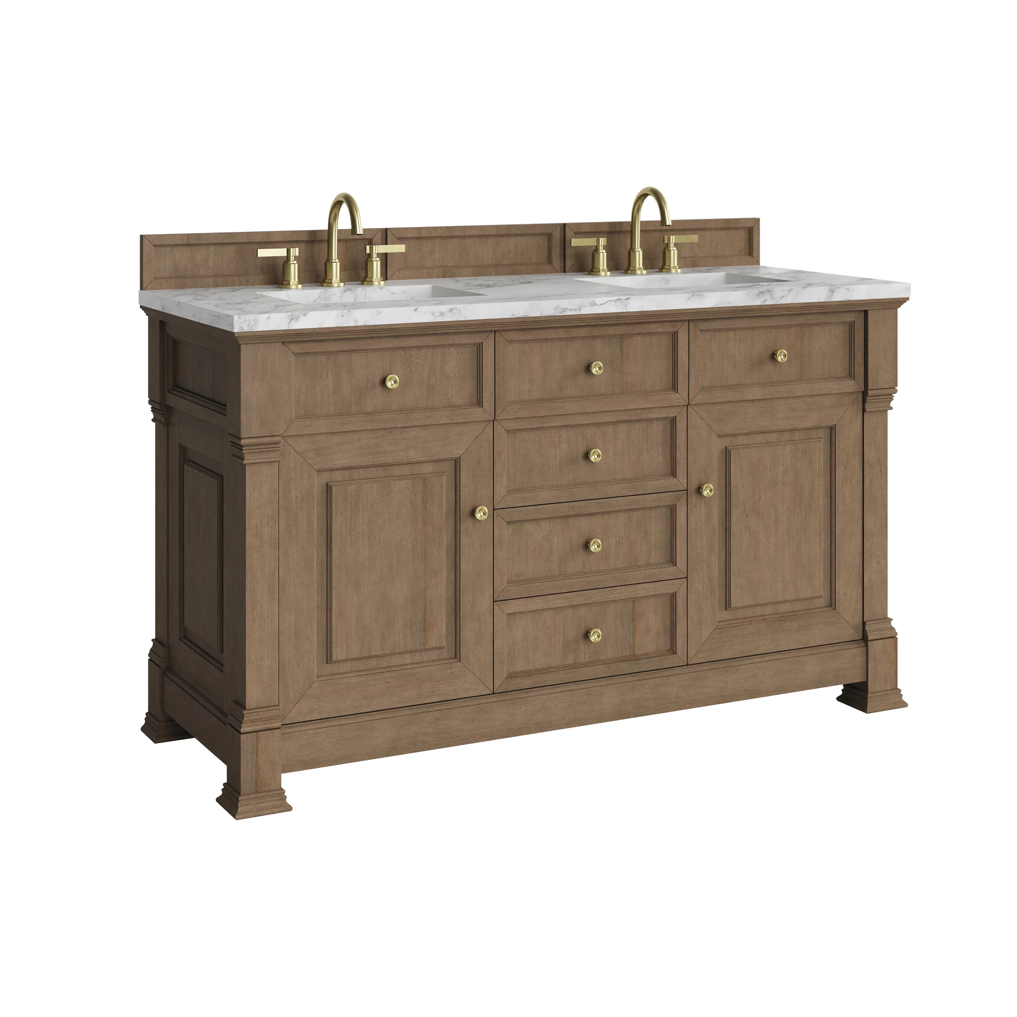 Brookfield 60" Double Vanity, Pecan w/3 CM Carrara White Marble Top