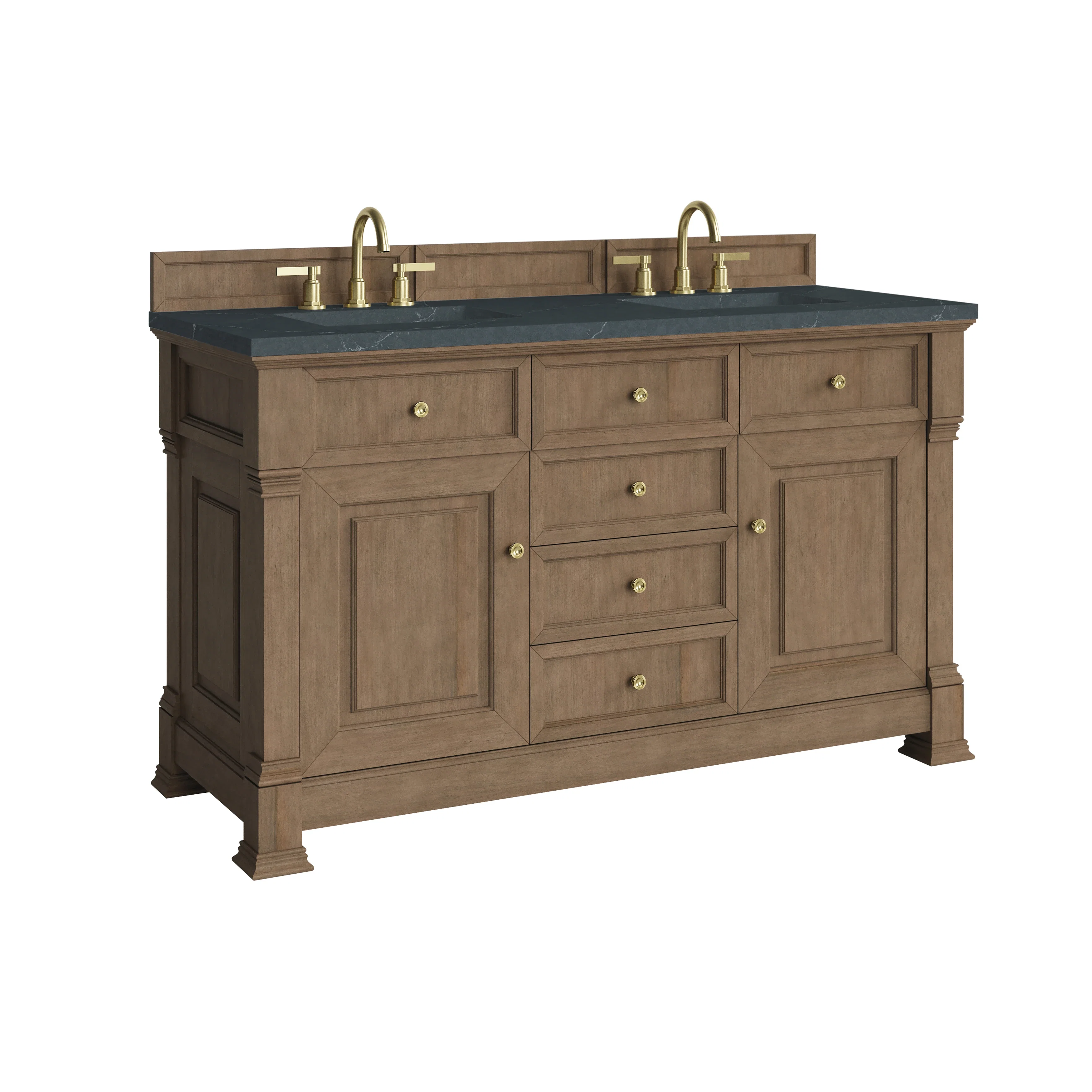 Brookfield 60" Double Vanity, Pecan w/3 CM Charcoal Soapstone Silestone Top