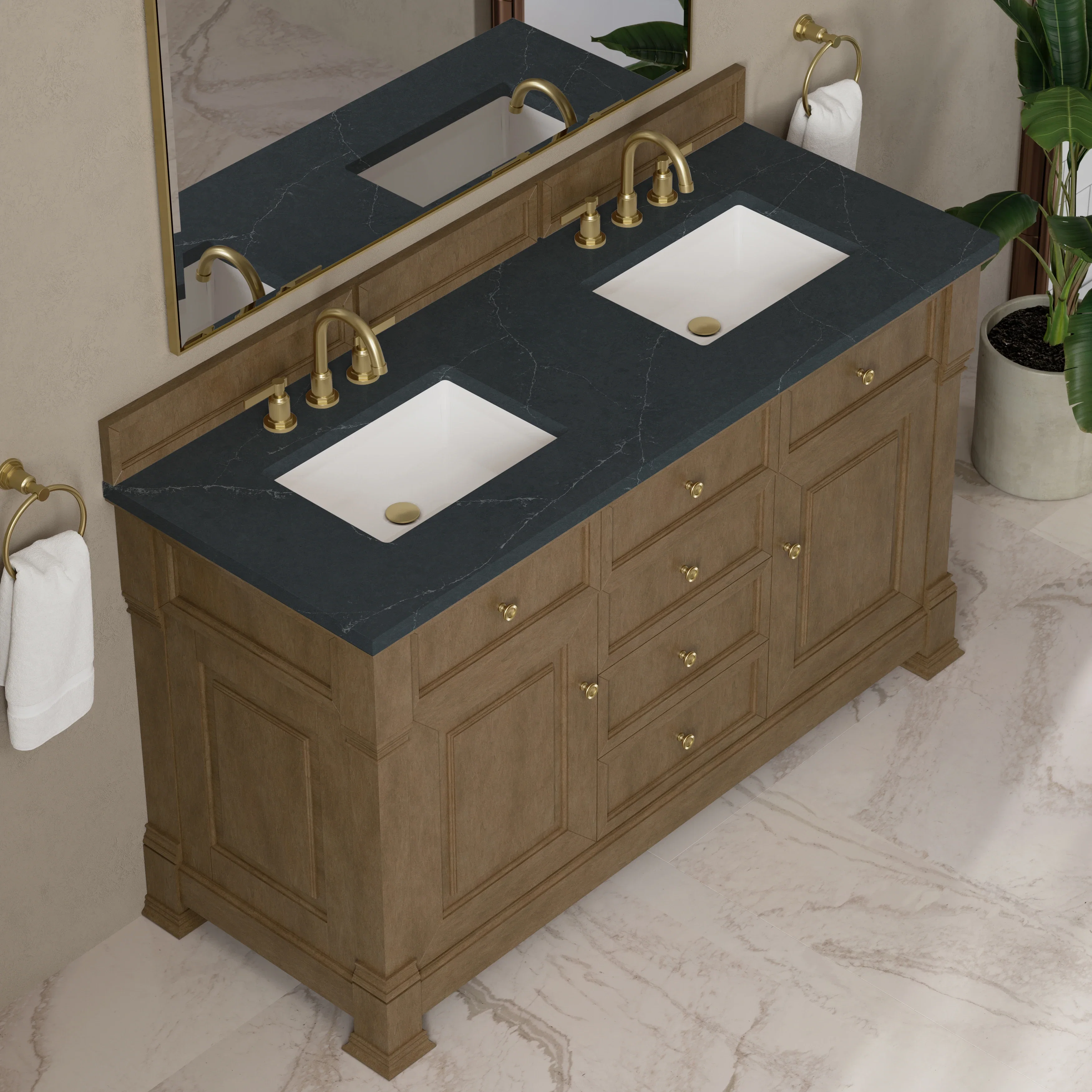 Brookfield 60" Double Vanity, Pecan w/3 CM Charcoal Soapstone Silestone Top