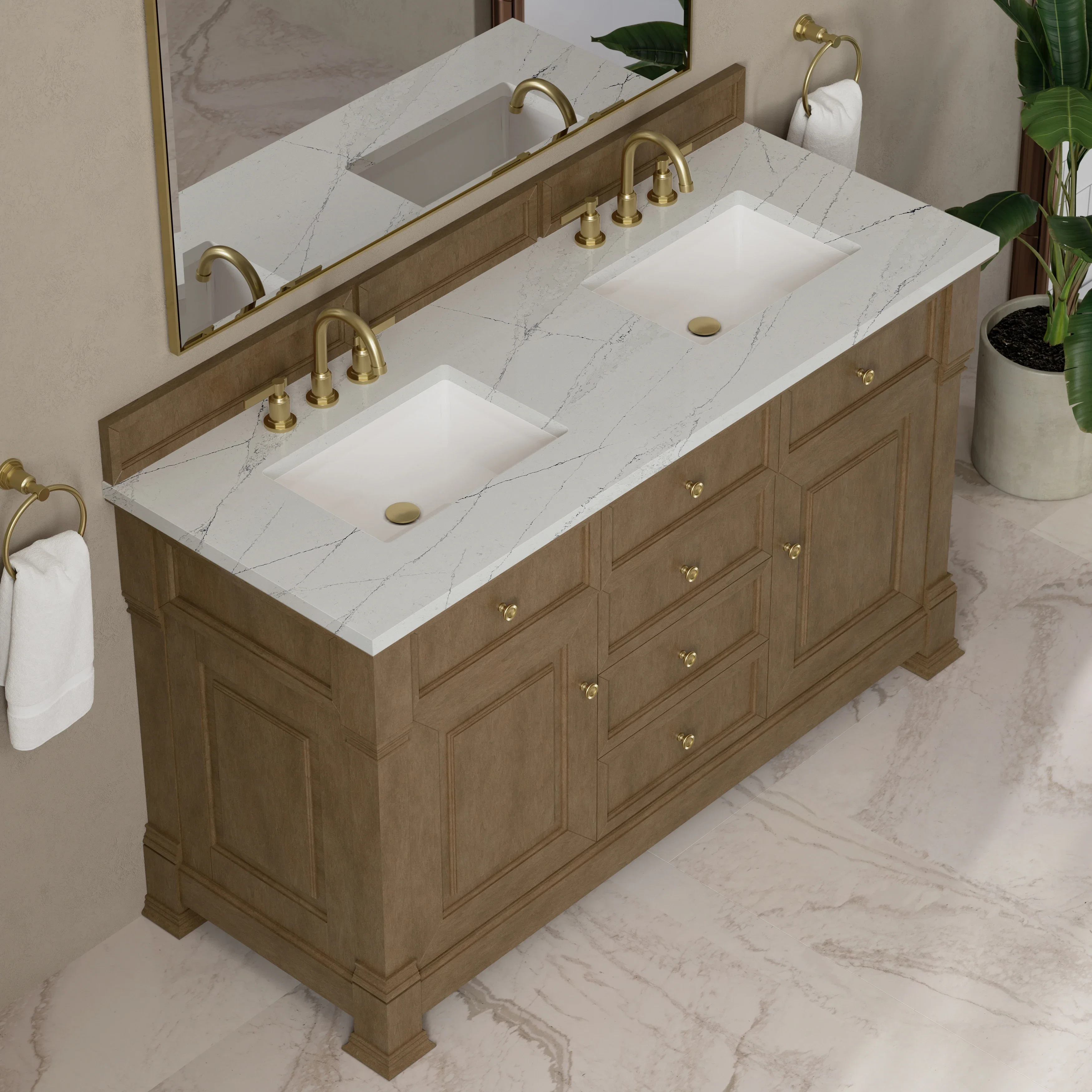 Brookfield 60" Double Vanity, Pecan w/ 3 CM Ethereal Noctis Silestone  Top