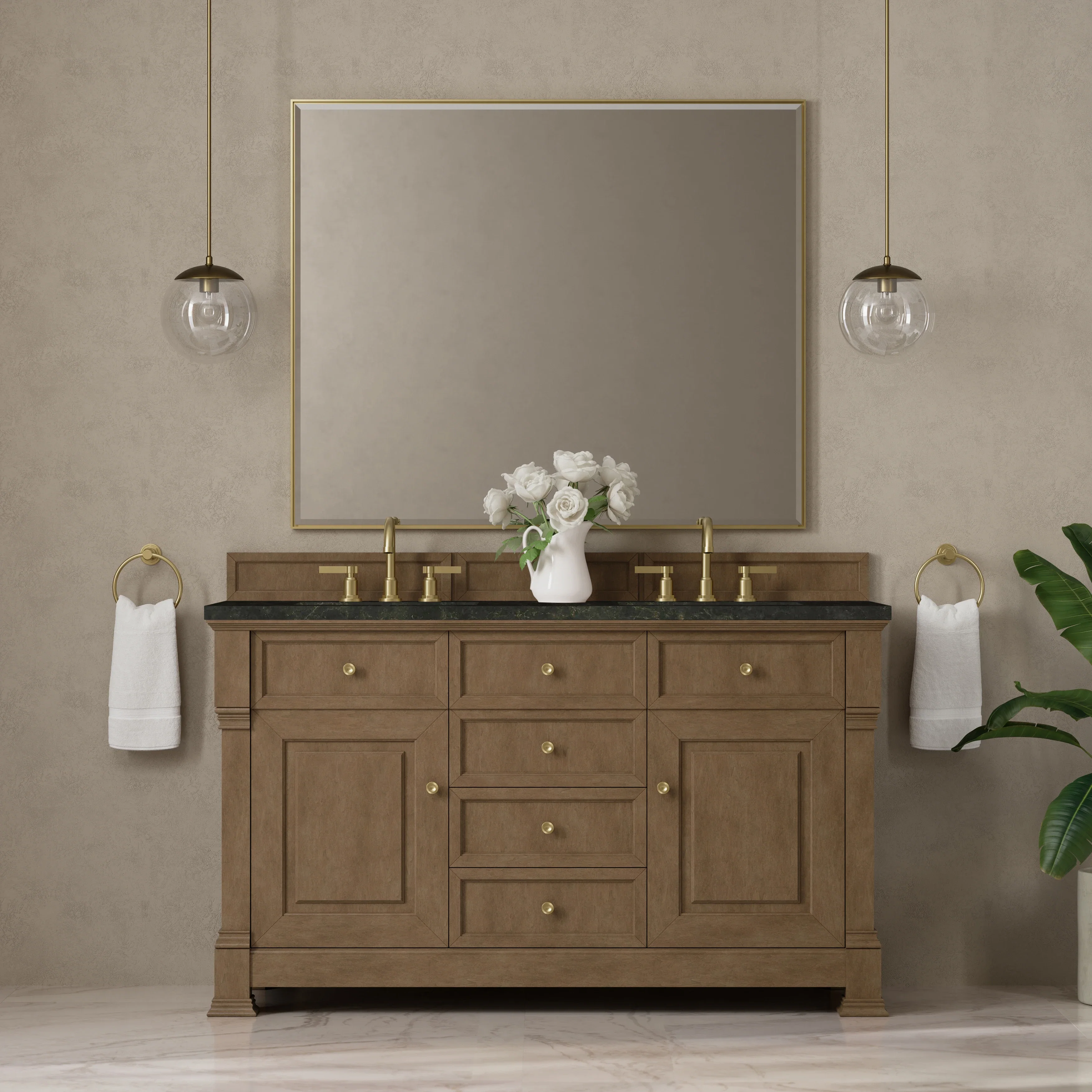 Brookfield 60" Double Vanity, Pecan, w/ 3 CM Phantome Eclos Top