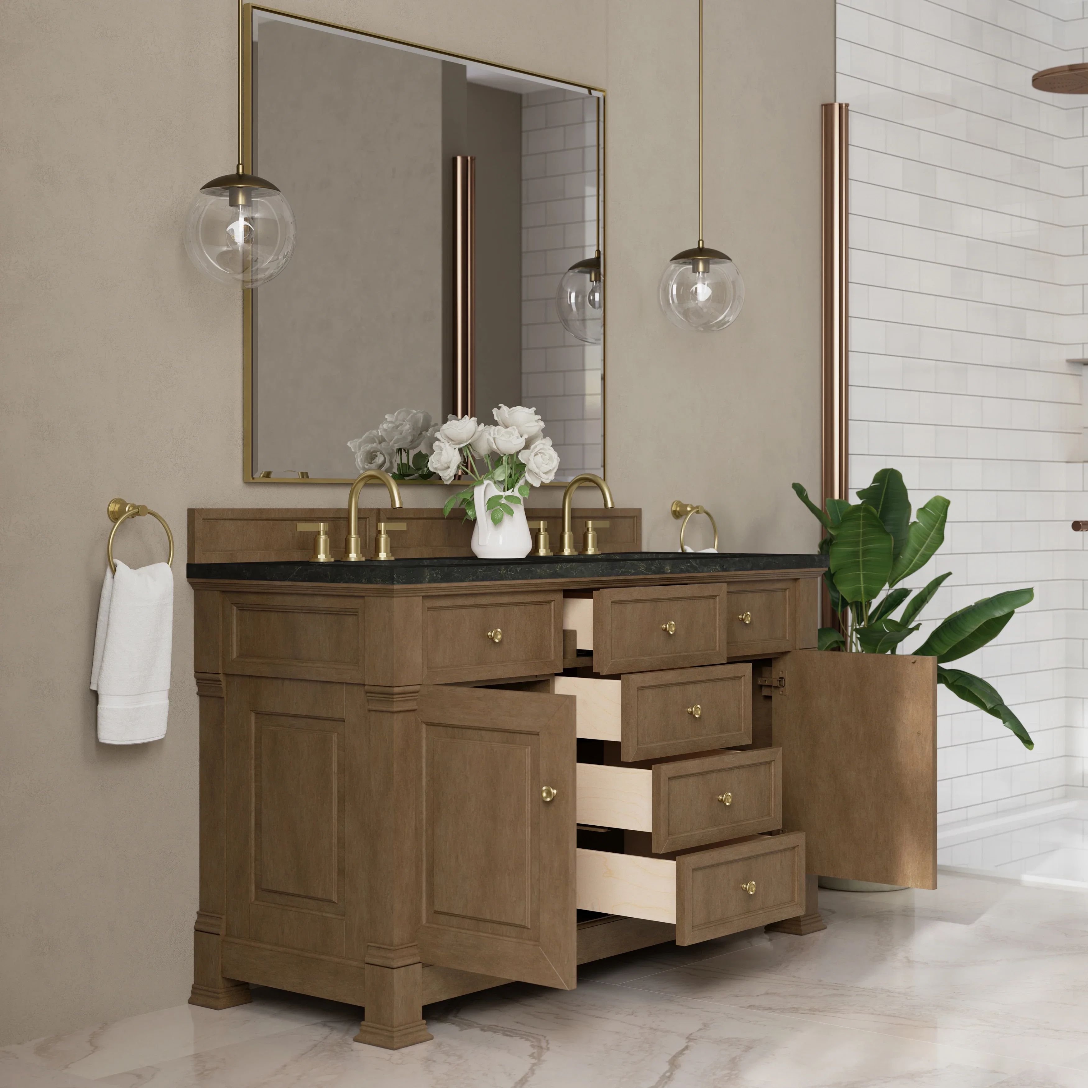Brookfield 60" Double Vanity, Pecan, w/ 3 CM Phantome Eclos Top