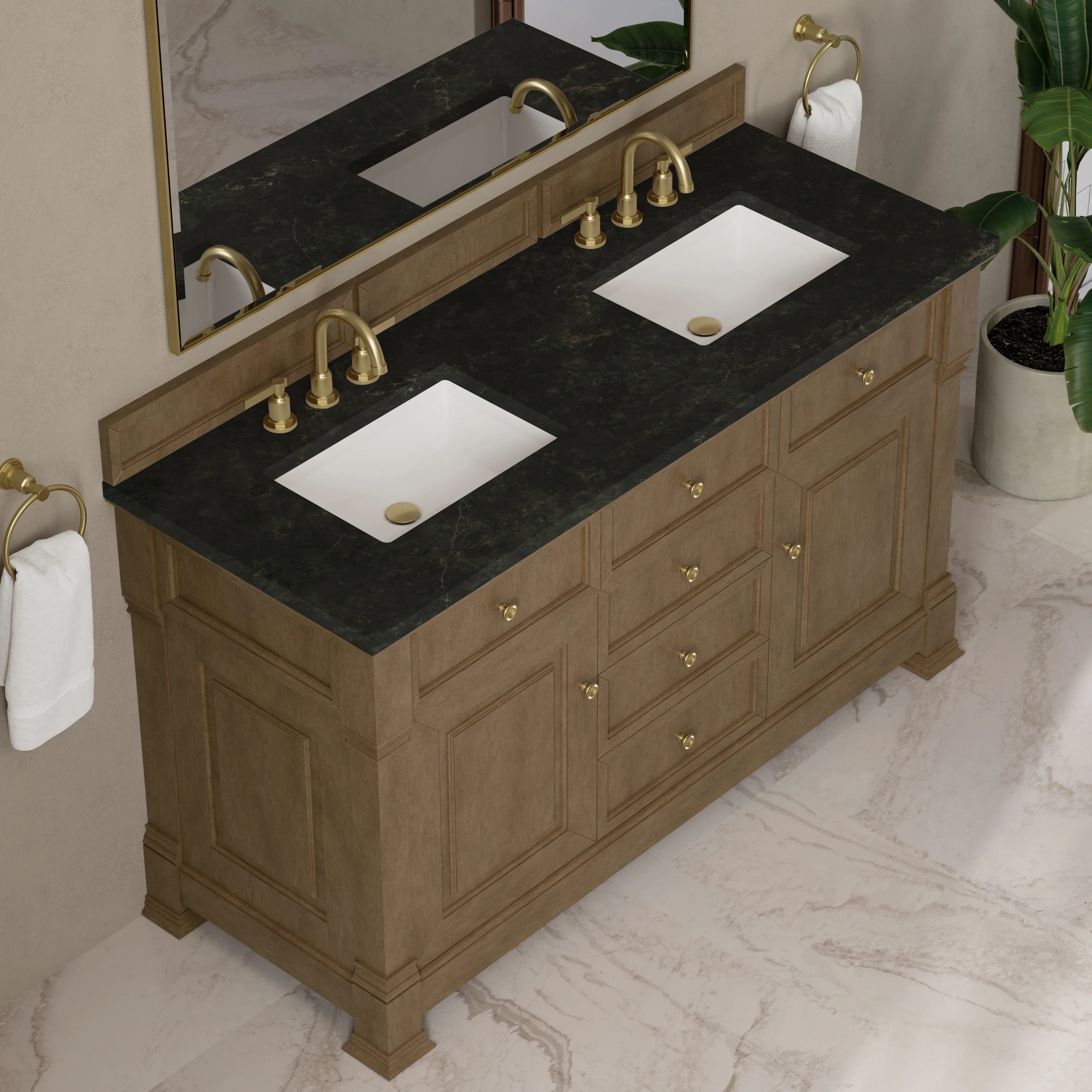 Brookfield 60" Double Vanity, Pecan, w/ 3 CM Phantome Eclos Top