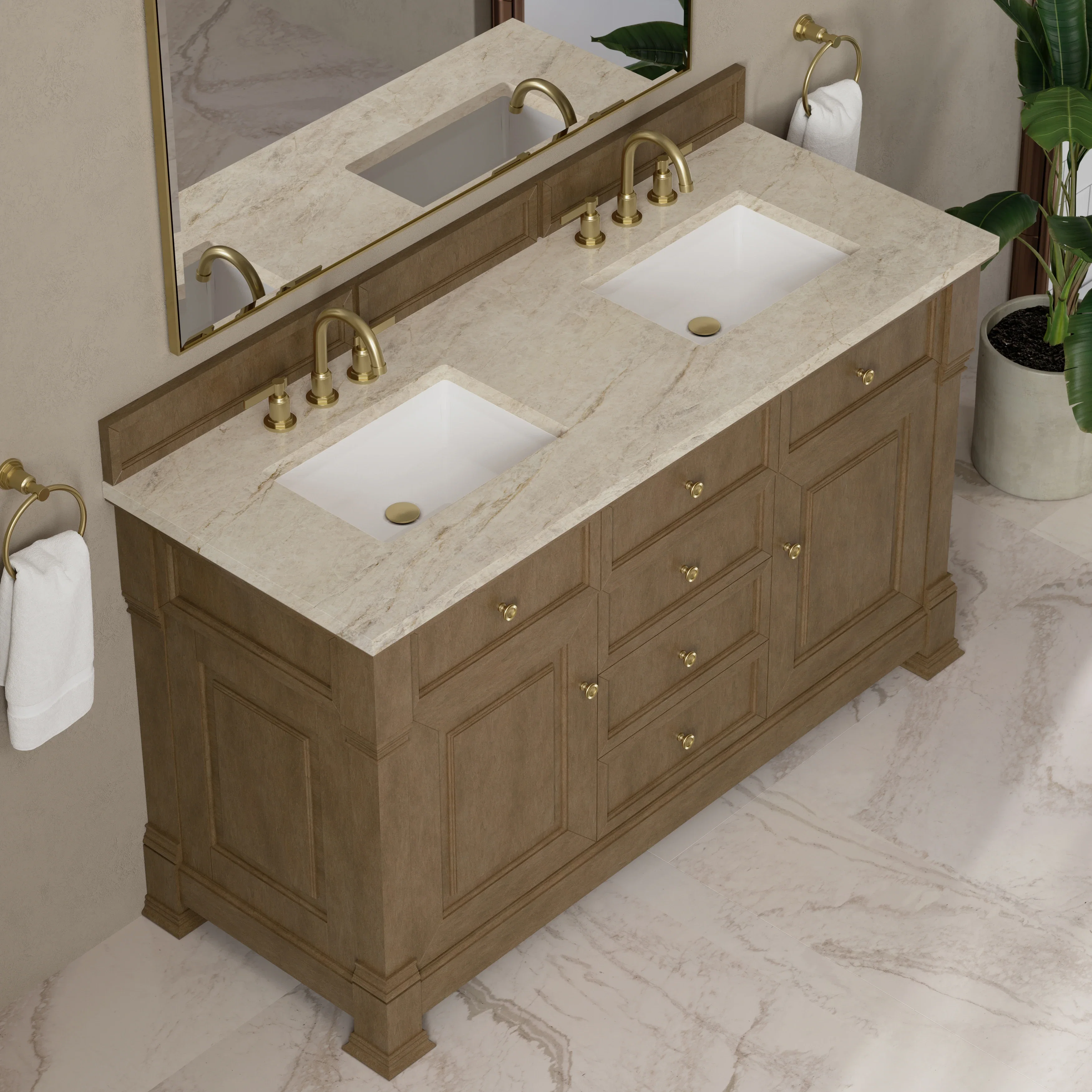 Brookfield 60" Double Vanity, Pecan, w/ 3 CM Tajnar Eclos Top