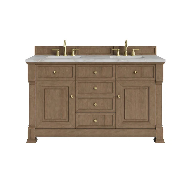 Brookfield 60" Double Vanity, Pecan w/ 3 CM Victorian Silver Silestone Top