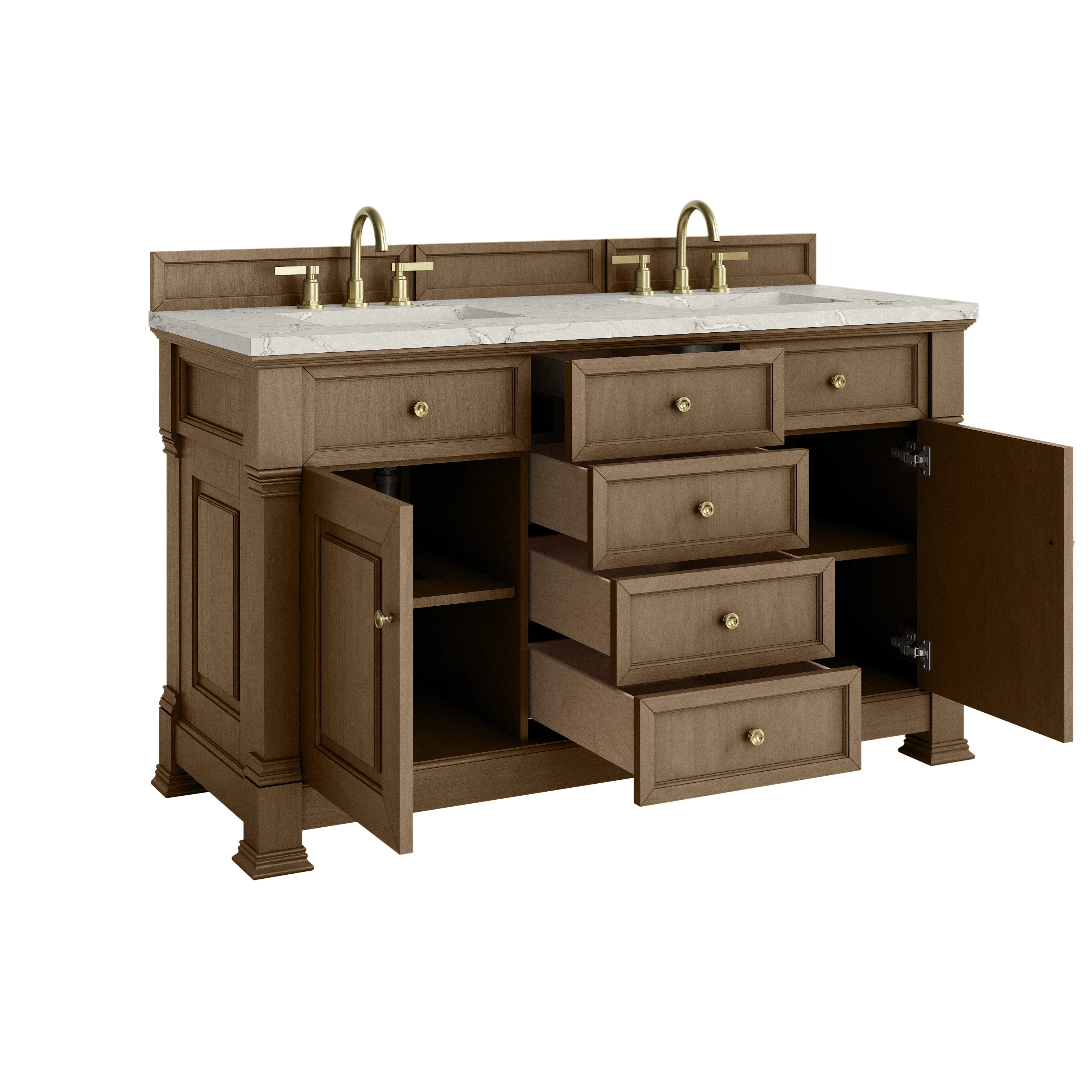 Brookfield 60" Double Vanity, Pecan w/ 3 CM Victorian Silver Silestone Top