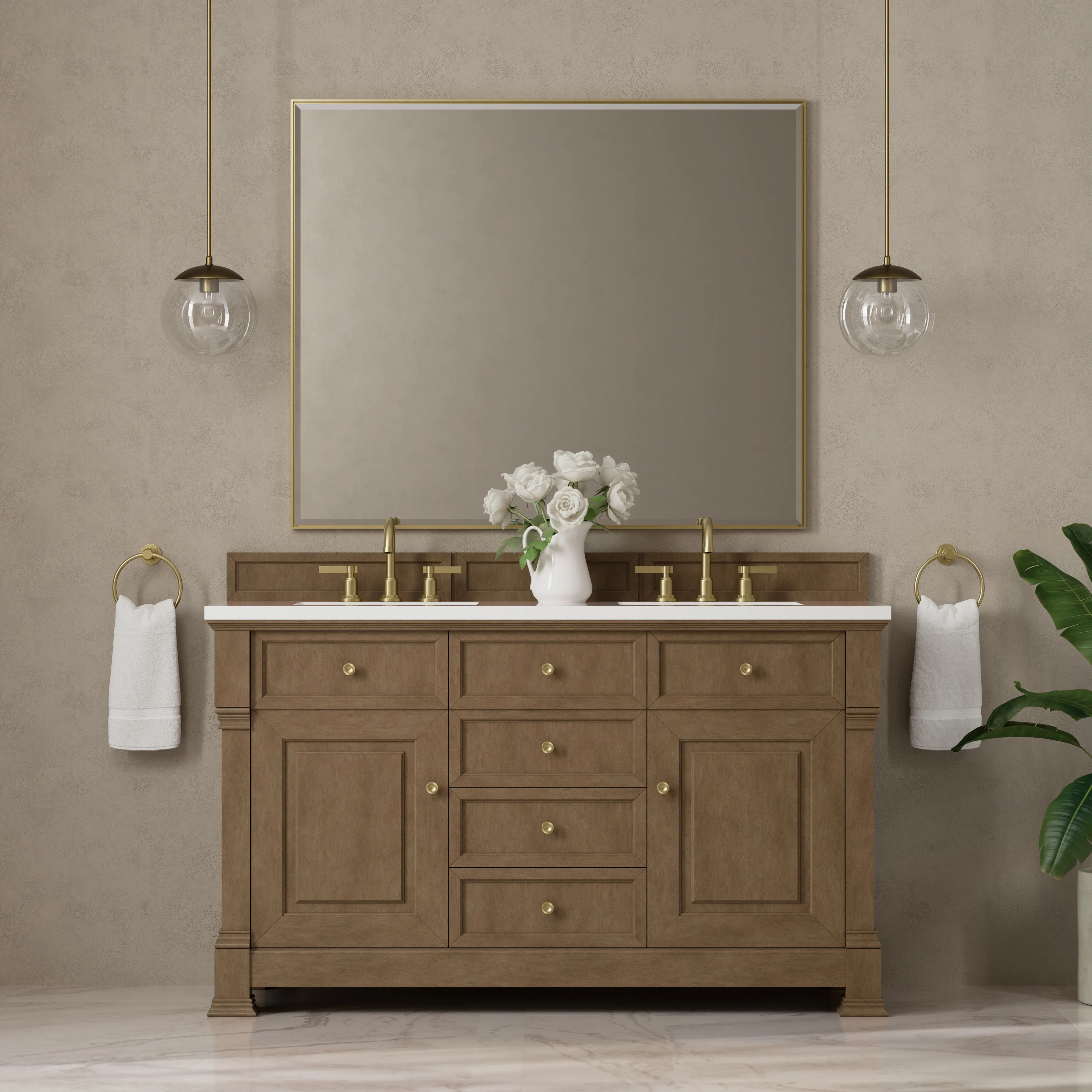 Brookfield 60" Double Vanity, Pecan, w/ 3 CM White Zeus Silestone  Top