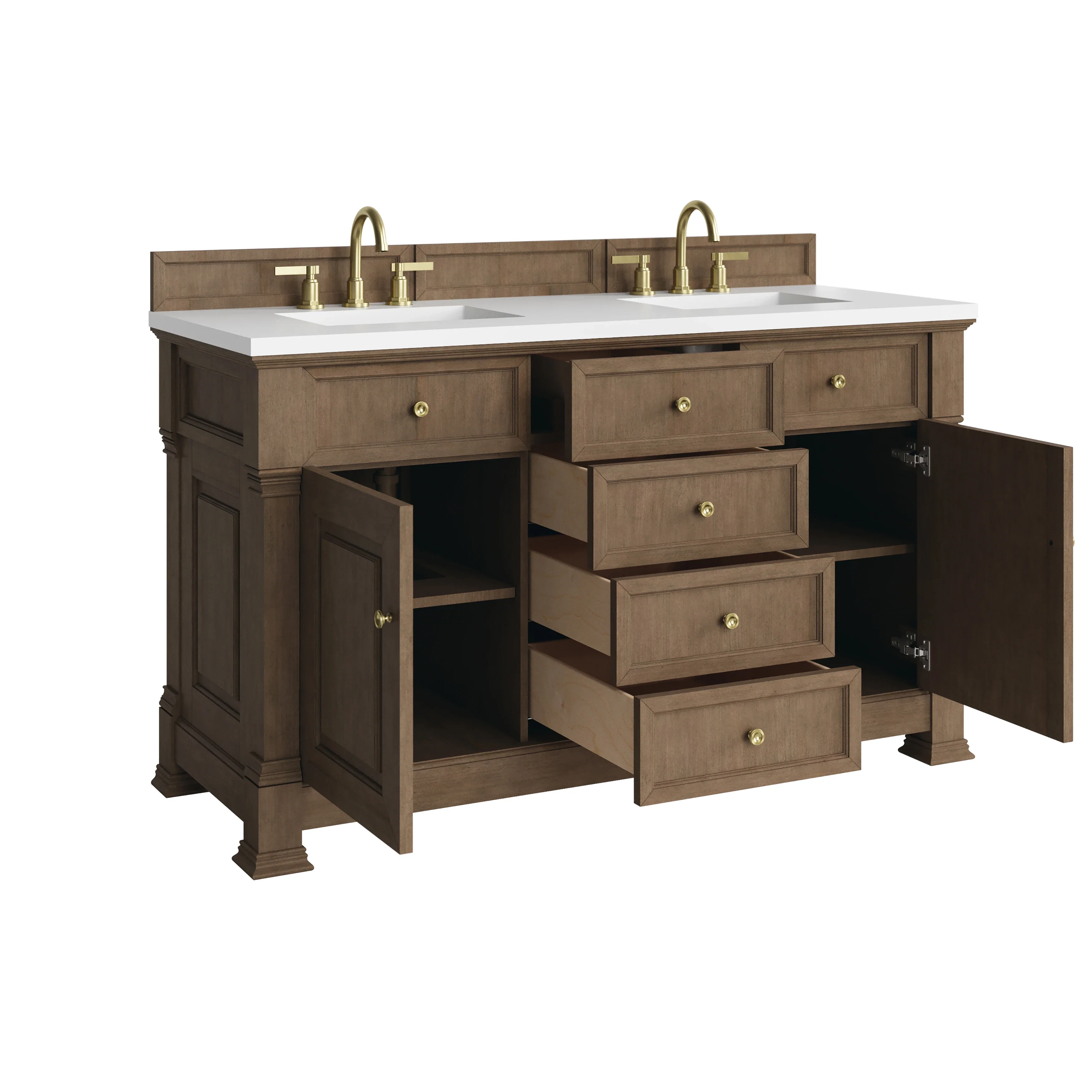 Brookfield 60" Double Vanity, Pecan, w/ 3 CM White Zeus Silestone  Top