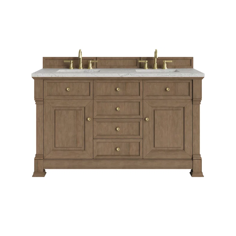 Brookfield 60" Double Vanity, Pecan w/3 CM Eternal Jasmine Pearl Silestone Top w/FreePower Wireless Charger