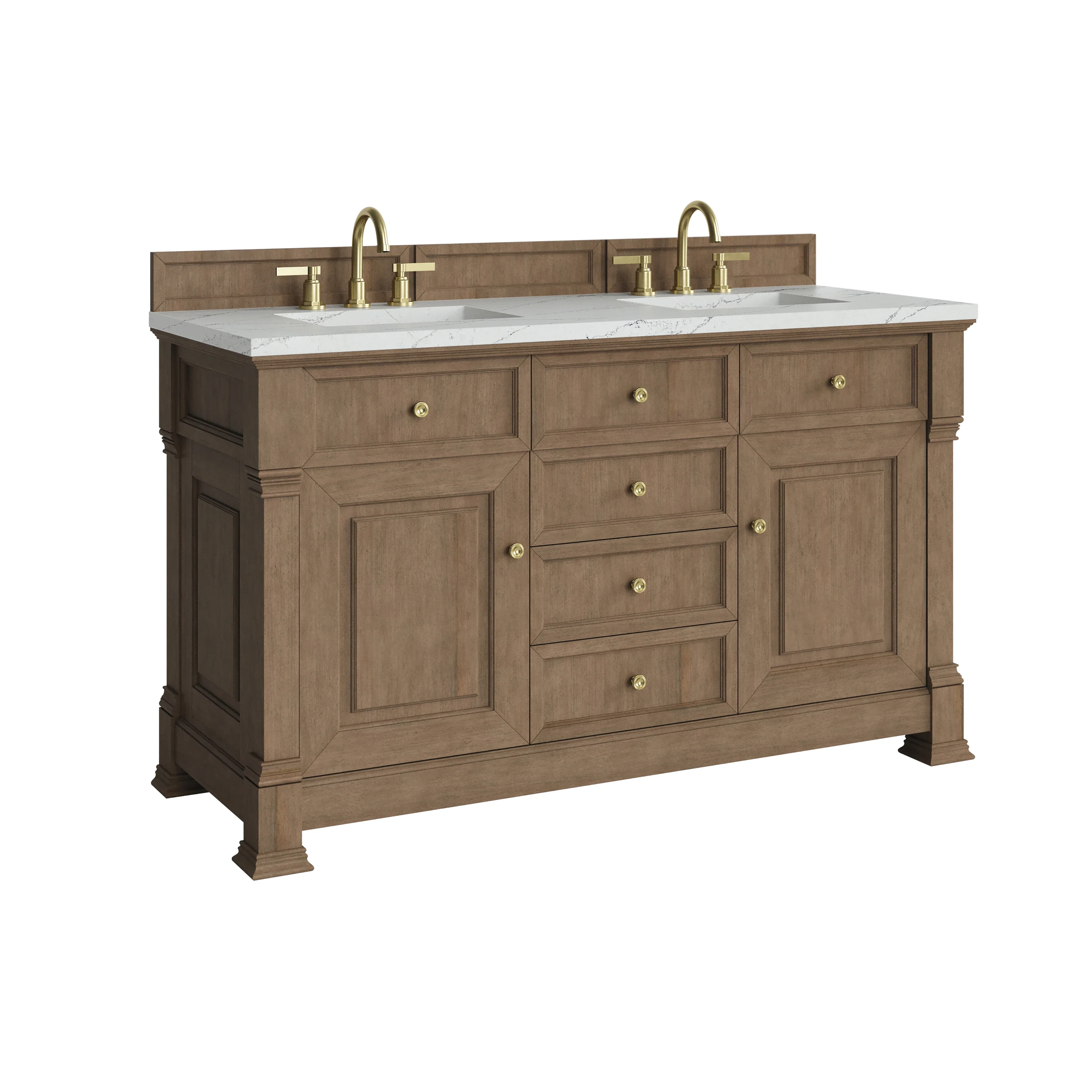 Brookfield 60" Double Vanity, Pecan w/ 3 CM Ethereal Noctis Silestone  Top w/FreePower Wireless Charger