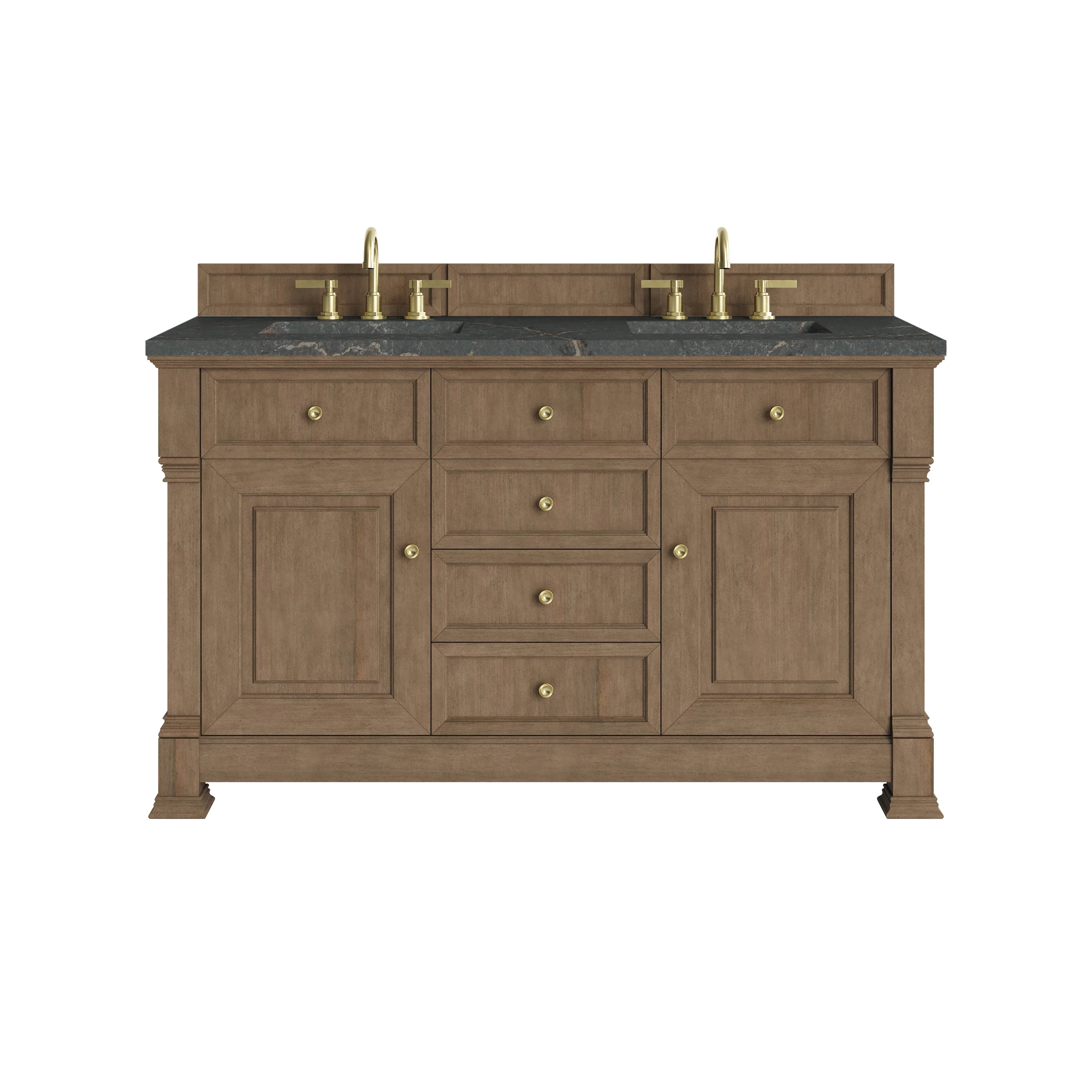 Brookfield 60" Double Vanity, Pecan w/ 3 CM Parisien Bleu Silestone Top w/FreePower Wireless Charger