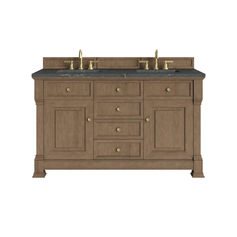 Brookfield 60" Double Vanity, Pecan w/ 3 CM Parisien Bleu Silestone Top w/FreePower Wireless Charger