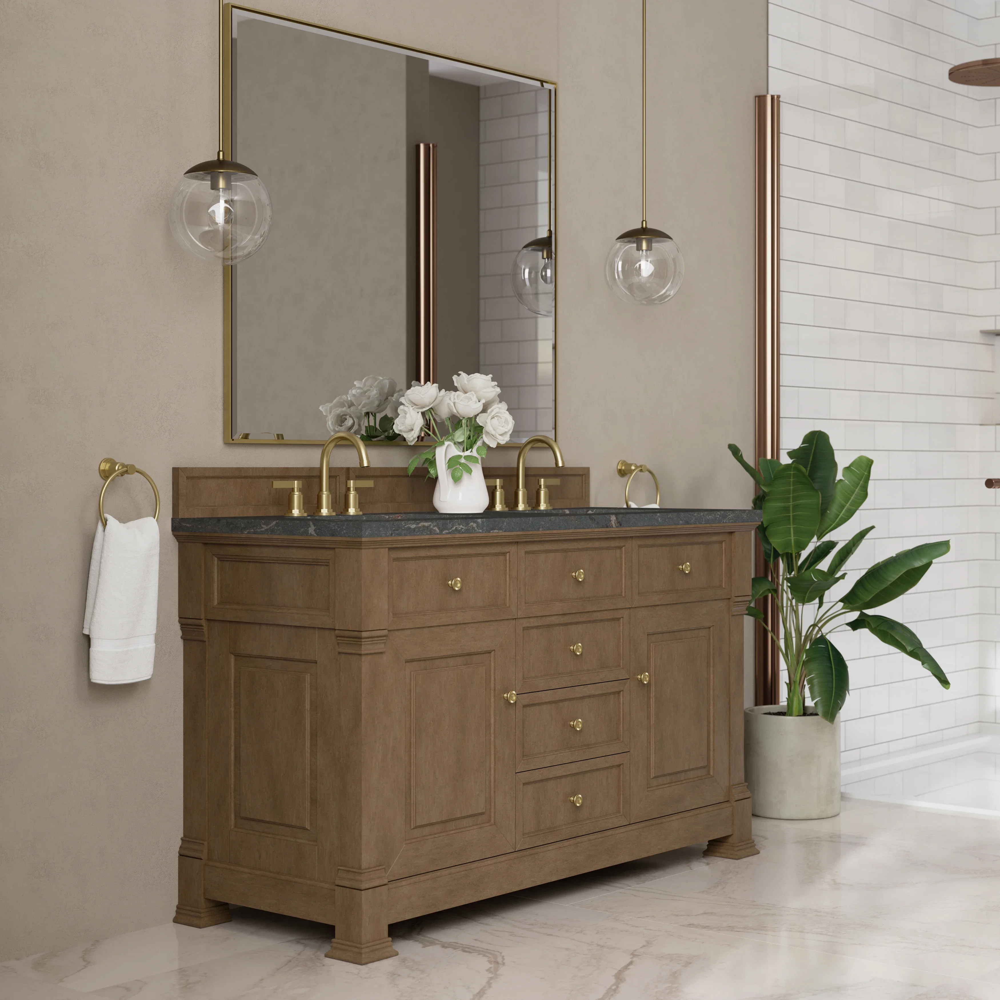 Brookfield 60" Double Vanity, Pecan w/ 3 CM Parisien Bleu Silestone Top w/FreePower Wireless Charger