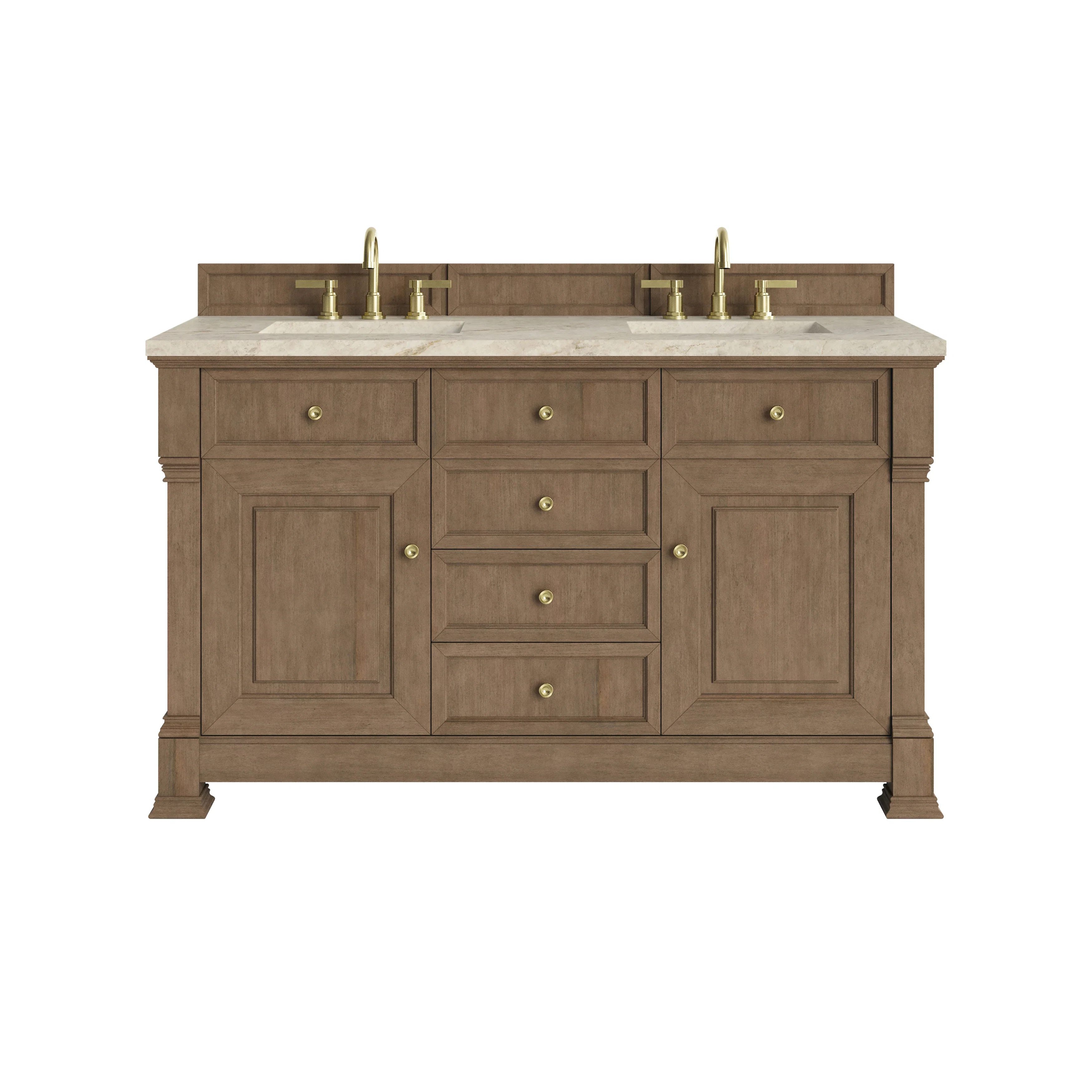 Brookfield 60" Double Vanity, Pecan, w/ 3 CM Tajnar Eclos Top w/FreePower Wireless Charger