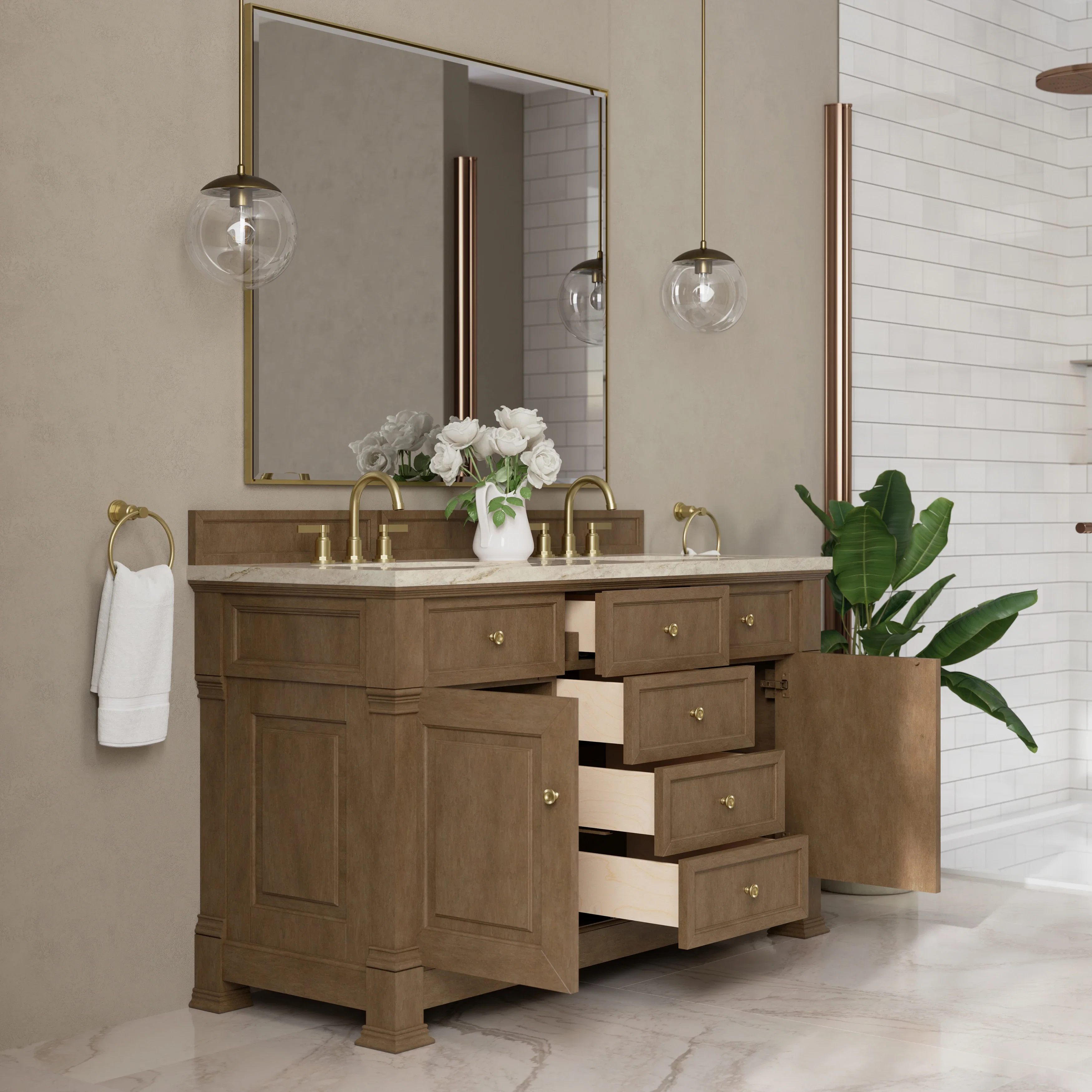 Brookfield 60" Double Vanity, Pecan, w/ 3 CM Tajnar Eclos Top w/FreePower Wireless Charger