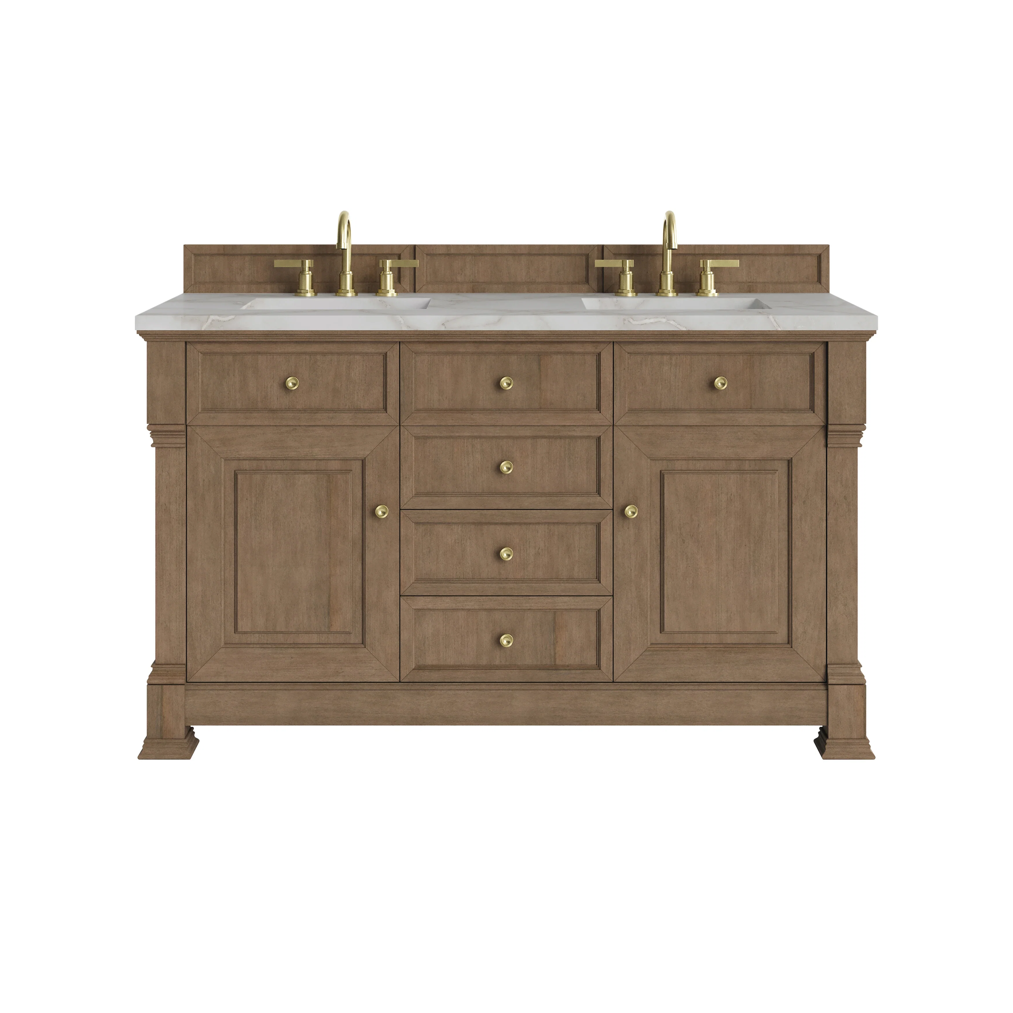Brookfield 60" Double Vanity, Pecan w/ 3 CM Victorian Silver Silestone Top w/FreePower Wireless Charger